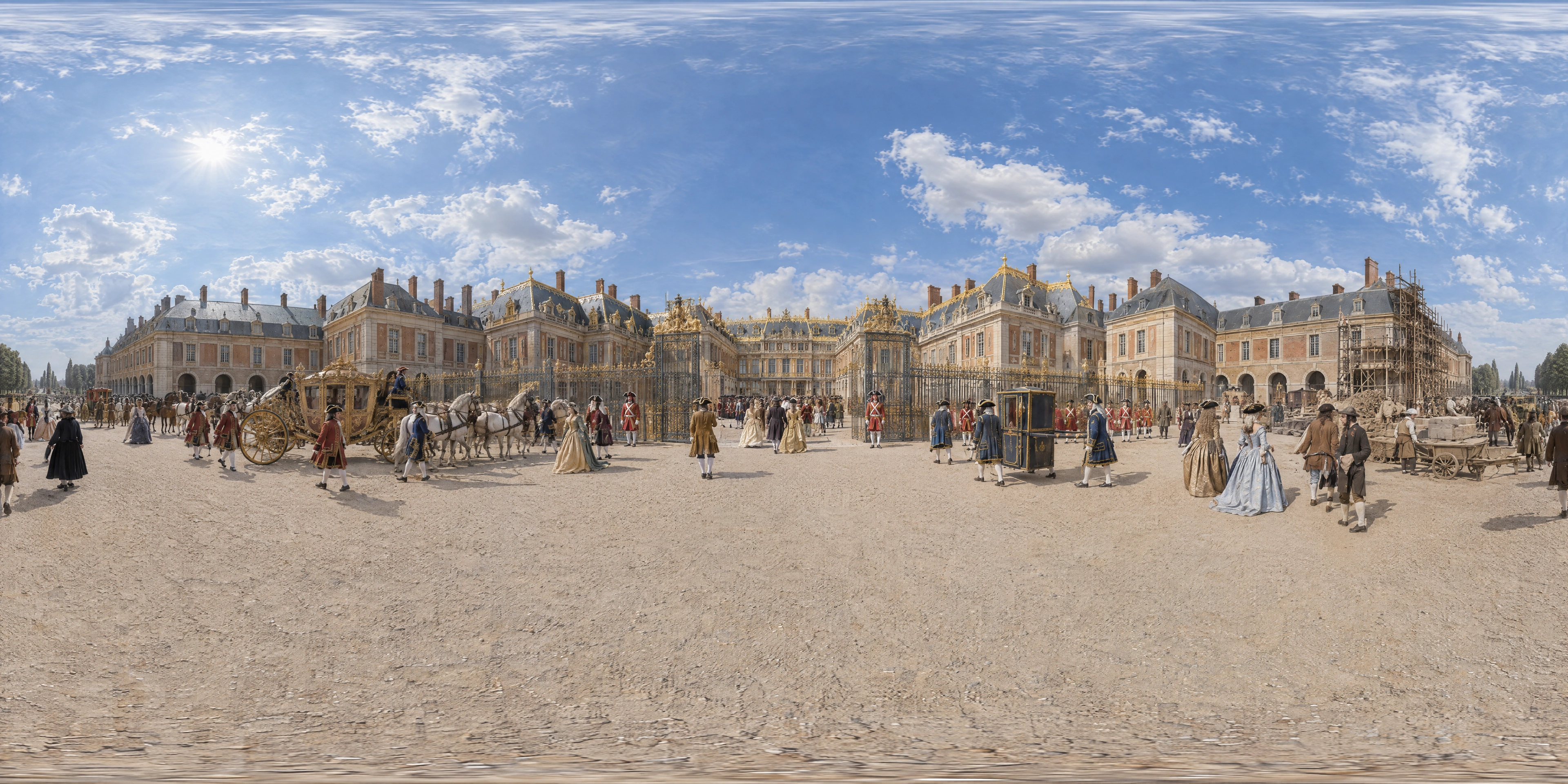 Panoramic scene depicting Place d'Armes, Versailles (1682), Place d'Armes before the forecourts of the palace of Versailles, between the new royal stables.