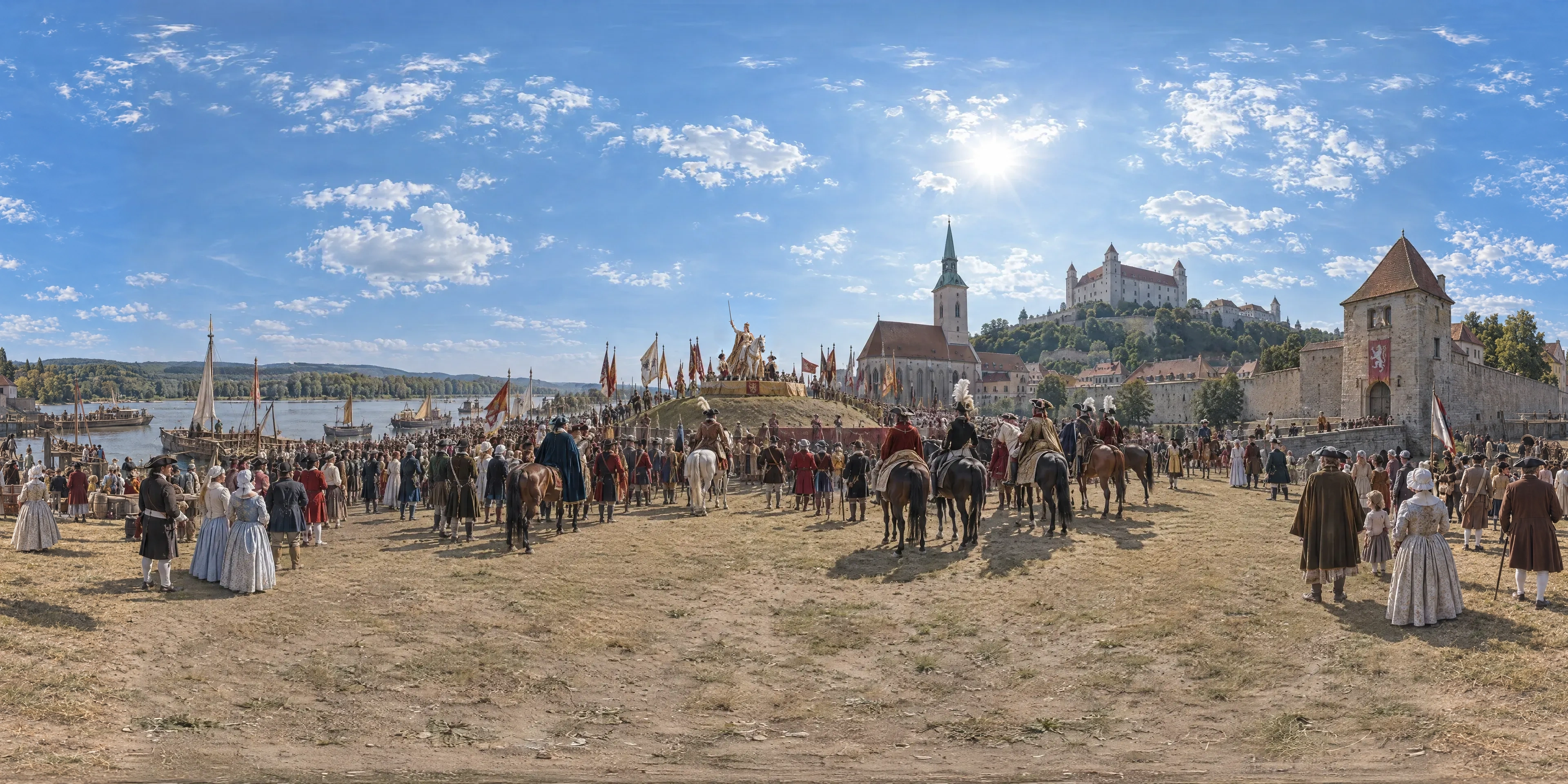 Panoramic scene depicting Coronation Hill, Pressburg (Bratislava) (1741), Ľudovít Štúr Square (former Coronation Hill Square), Bratislava.