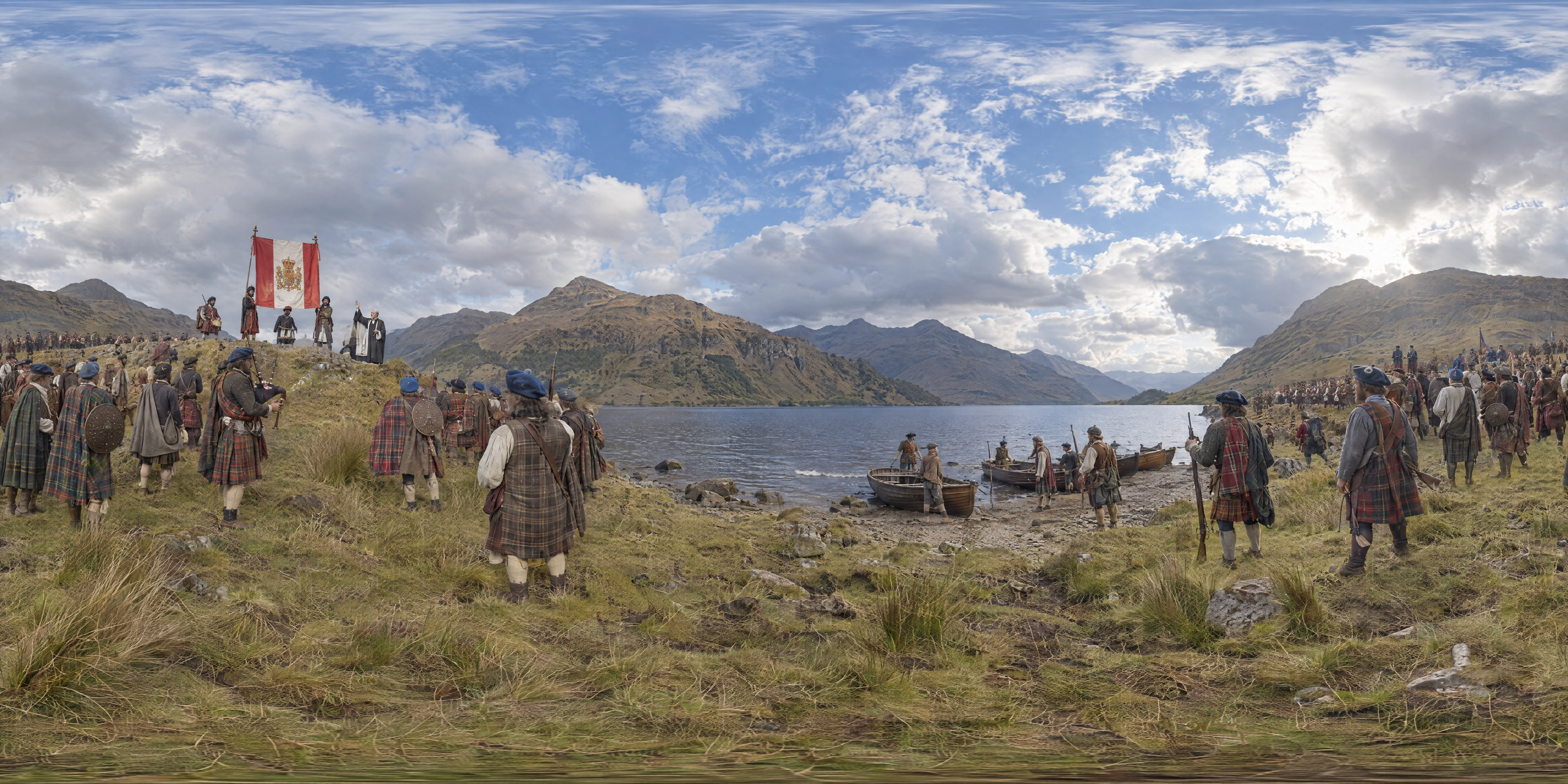 Panoramic scene depicting Glenfinnan, Loch Shiel (1745), Head of Loch Shiel at the mouth of Glen Finnan, Lochaber, Scottish Highlands.
