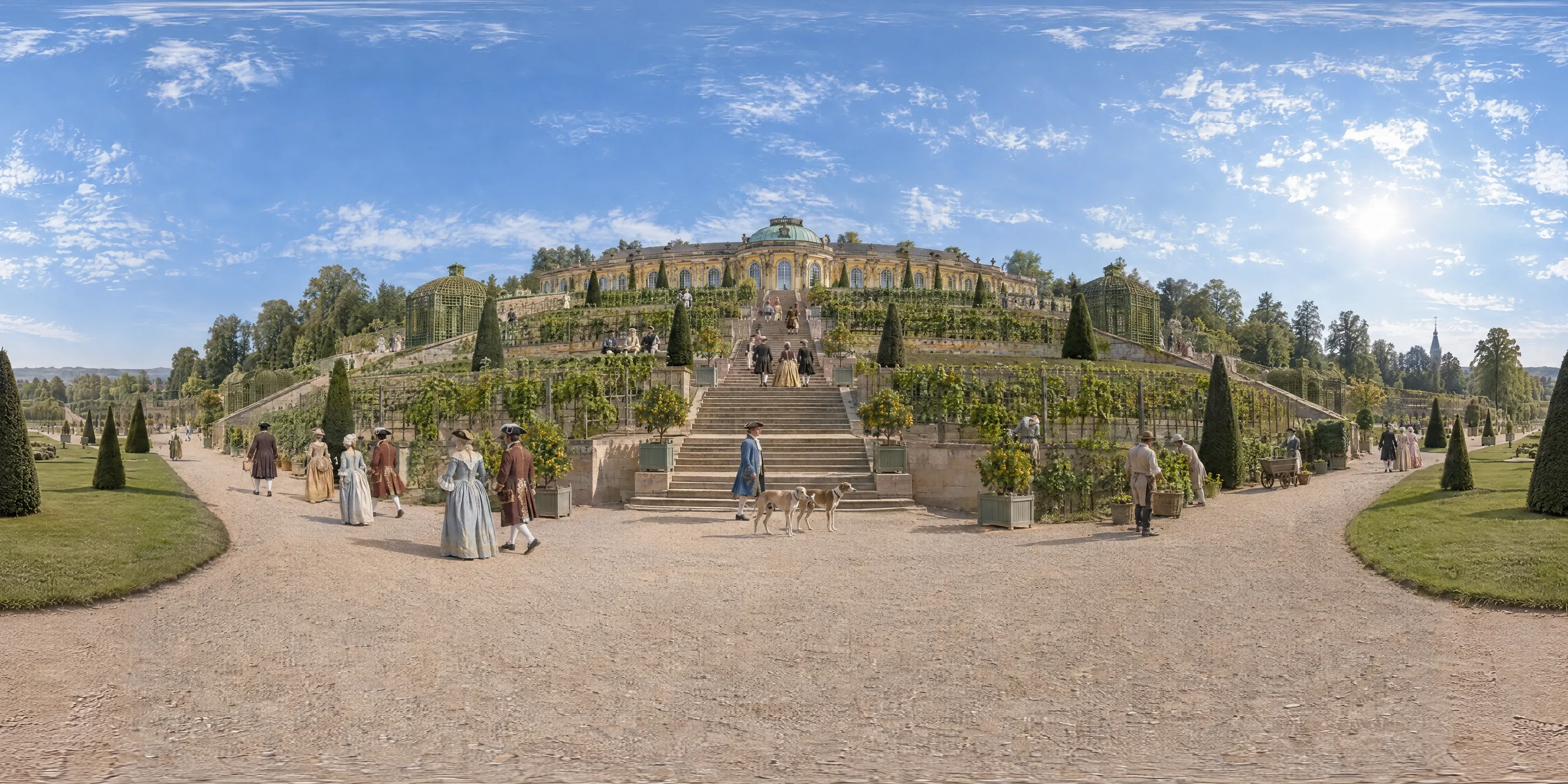 Panoramic scene depicting Sanssouci Palace, Potsdam (1747), Foot of the vineyard terraces below Sanssouci Palace, Potsdam.