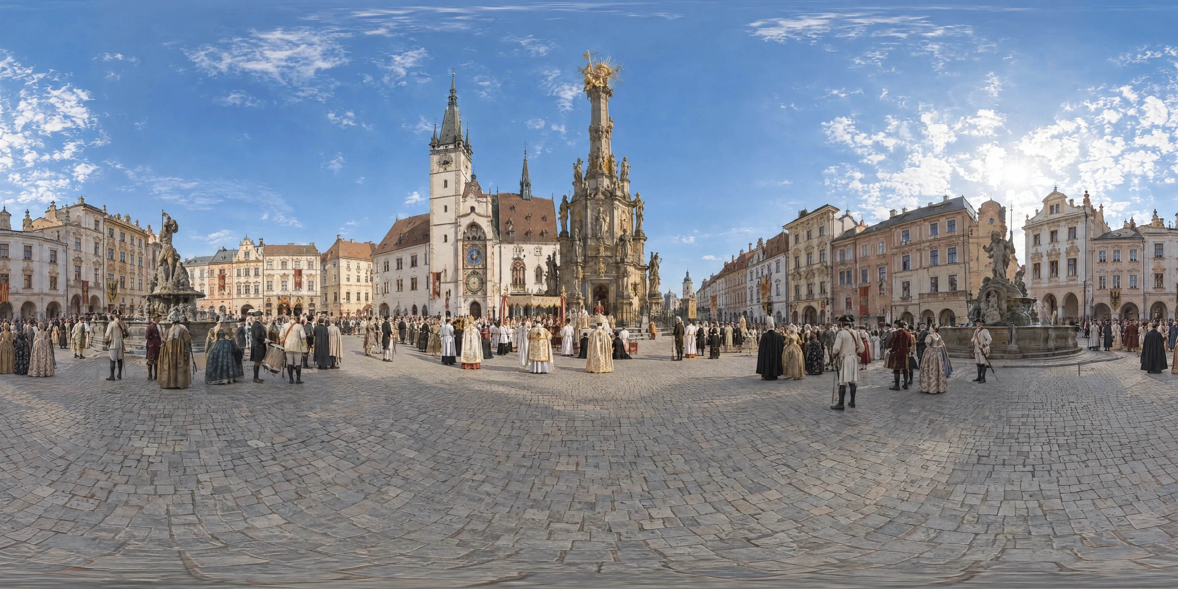 Panoramic scene depicting Holy Trinity Column, Upper Square, Olomouc (1754), Upper Square (Horní náměstí) in front of the Holy Trinity Column, Olomouc.