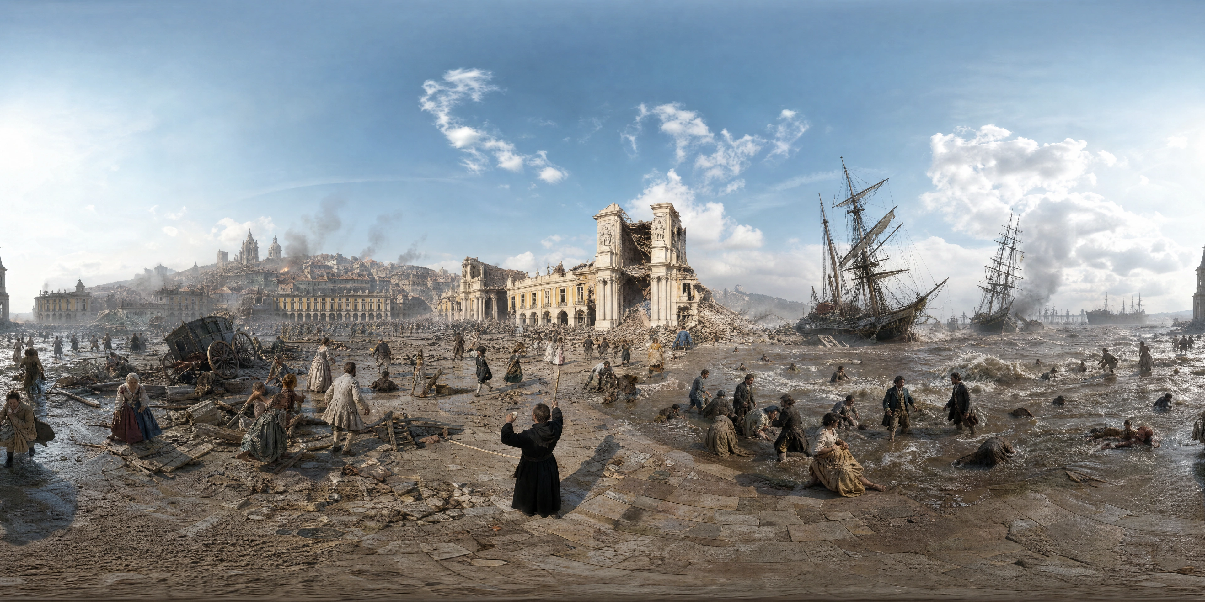 Panoramic scene depicting Praça do Comércio, Lisbon (1755), Praça do Comércio, Lisbon.
