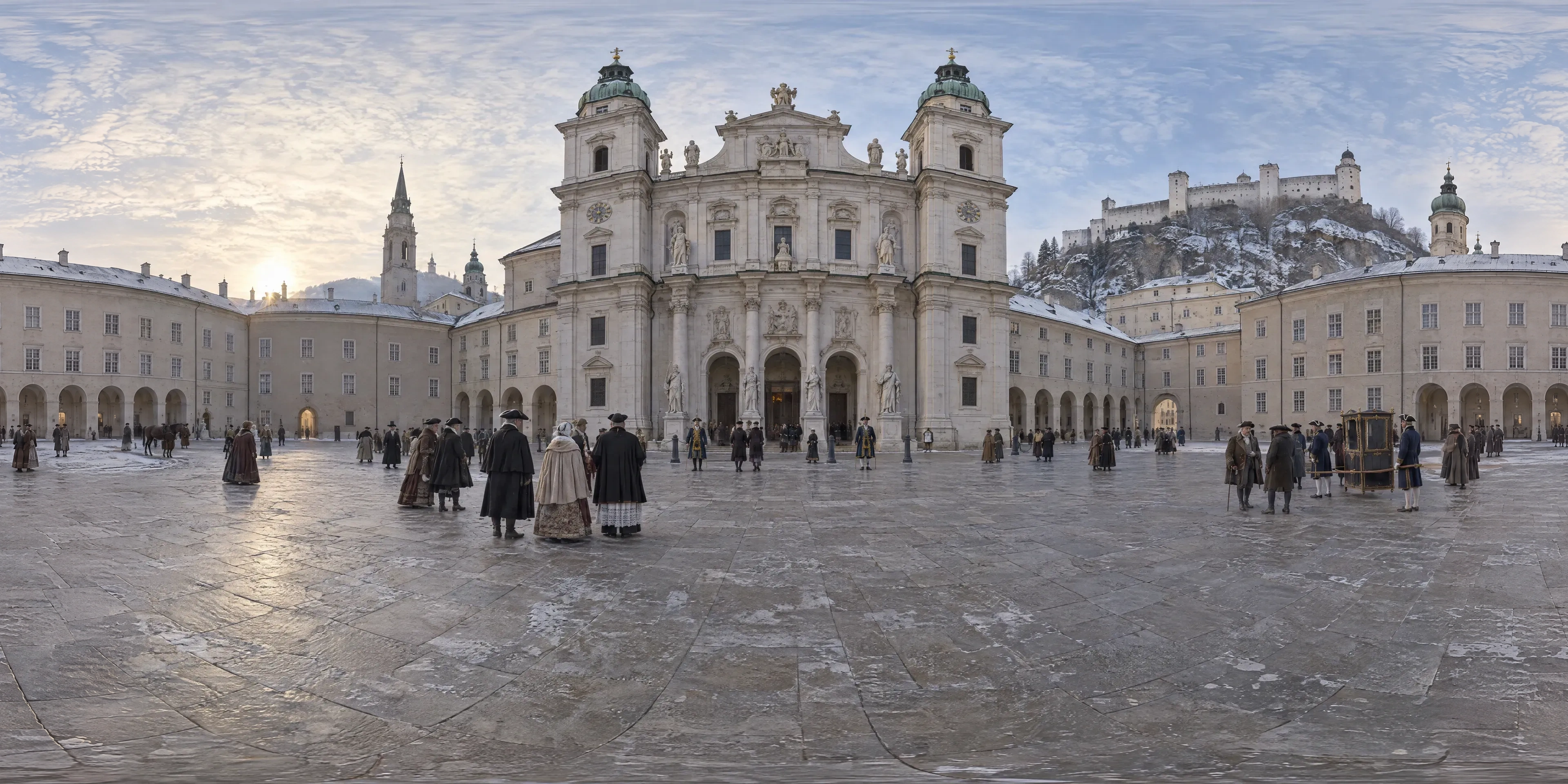 Panoramic scene depicting Salzburg Cathedral, Domplatz (1756), Domplatz before the west front of Salzburg Cathedral, Salzburg.