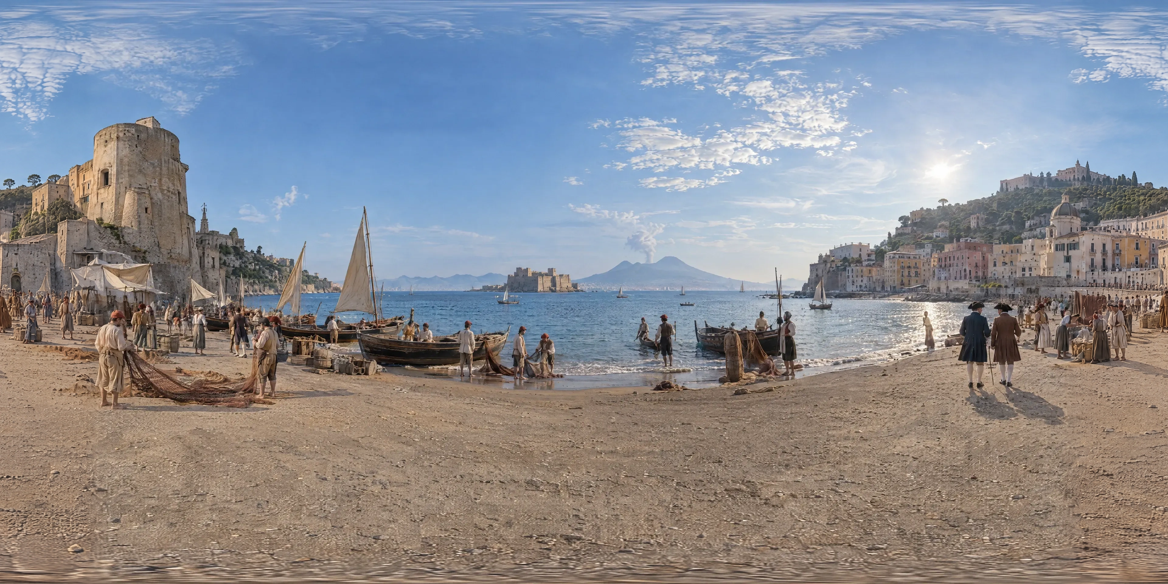 Panoramic scene depicting Bay of Naples from Mergellina (1770s), Beach of Mergellina, Naples.