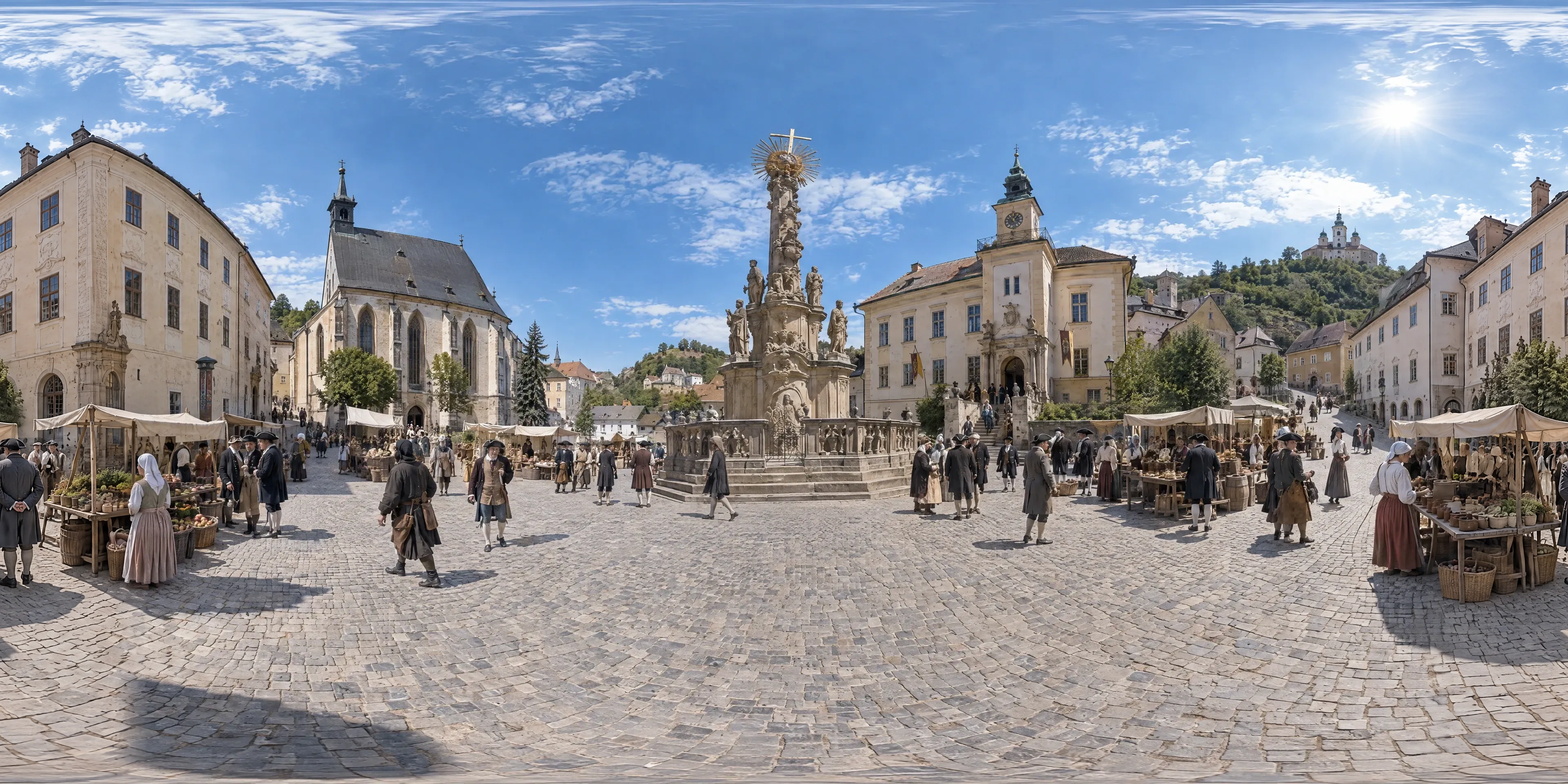Panoramic scene depicting Holy Trinity Square, Banská Štiavnica (1782), Holy Trinity Square, Banská Štiavnica.