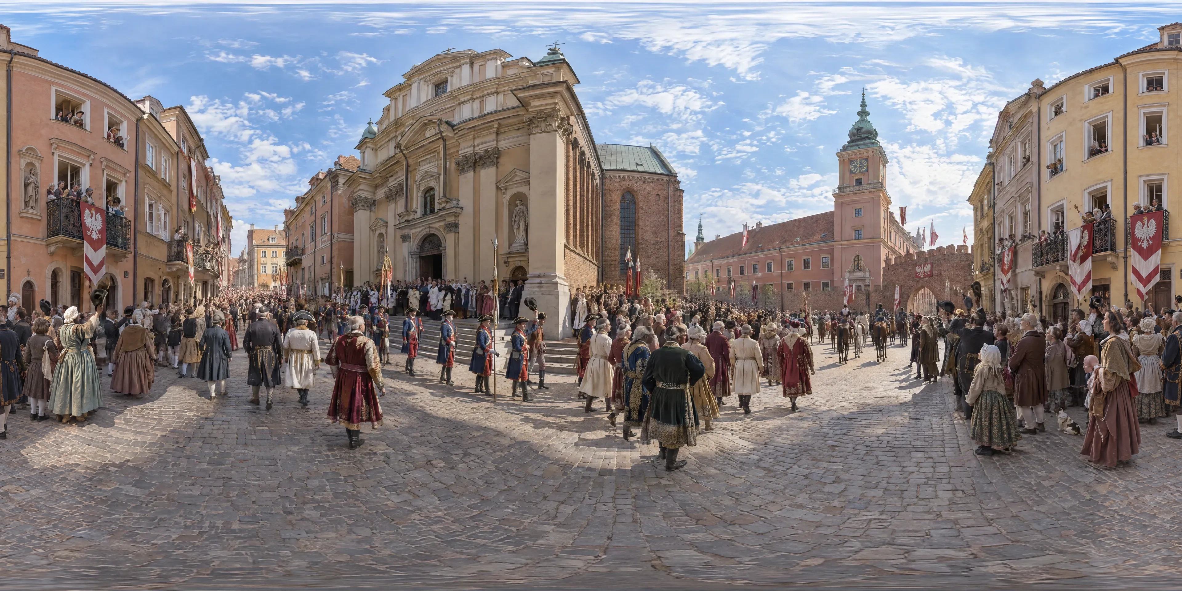 Panoramic scene depicting Świętojańska Street, Warsaw (1791), Świętojańska Street outside St John's collegiate church, looking towards the Royal Castle, Warsaw.