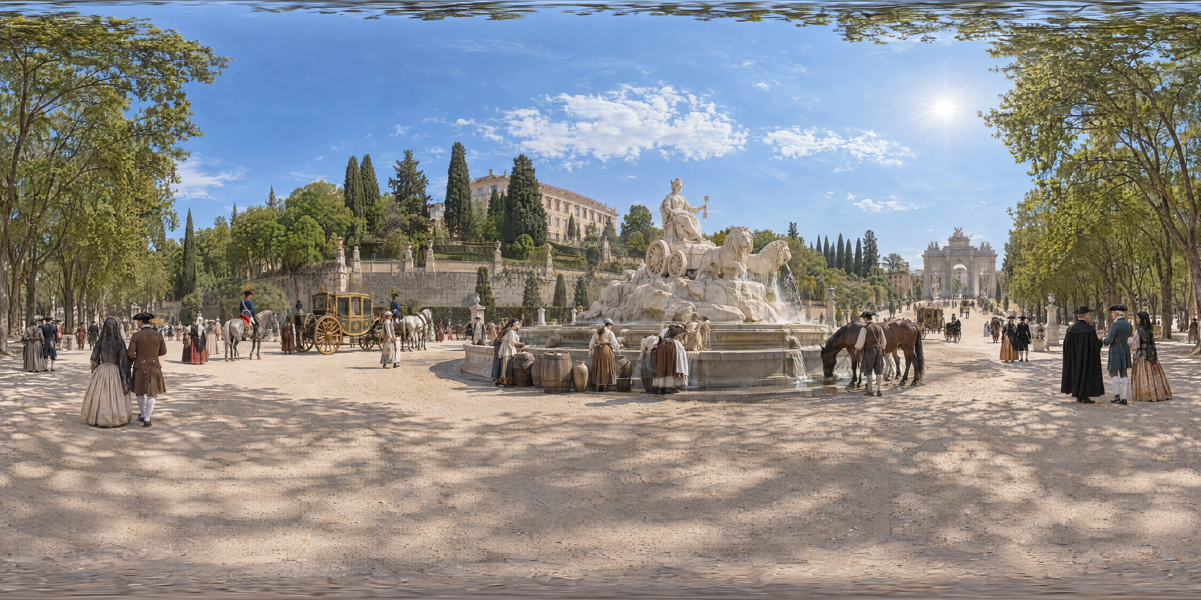 Panoramic scene depicting Cibeles Fountain and the Salón del Prado, Madrid (1790s), North end of the Salón del Prado by the Cibeles fountain, below the Palacio de Buenavista, Madrid.