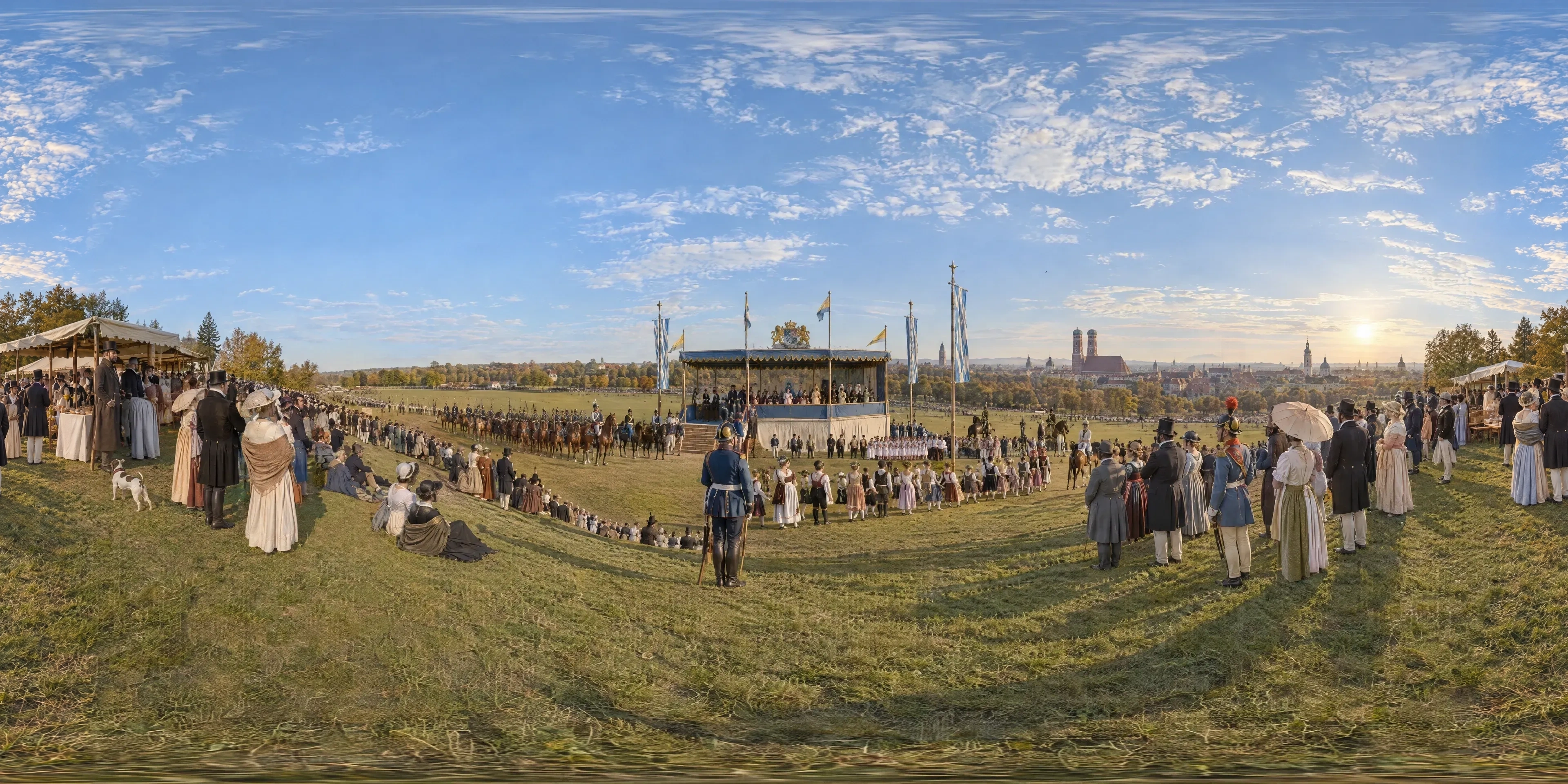 Panoramic scene depicting Theresienwiese, Munich (1810), Slope of the Sendlinger Berg (today Theresienhöhe) above the race meadow, outside Munich.