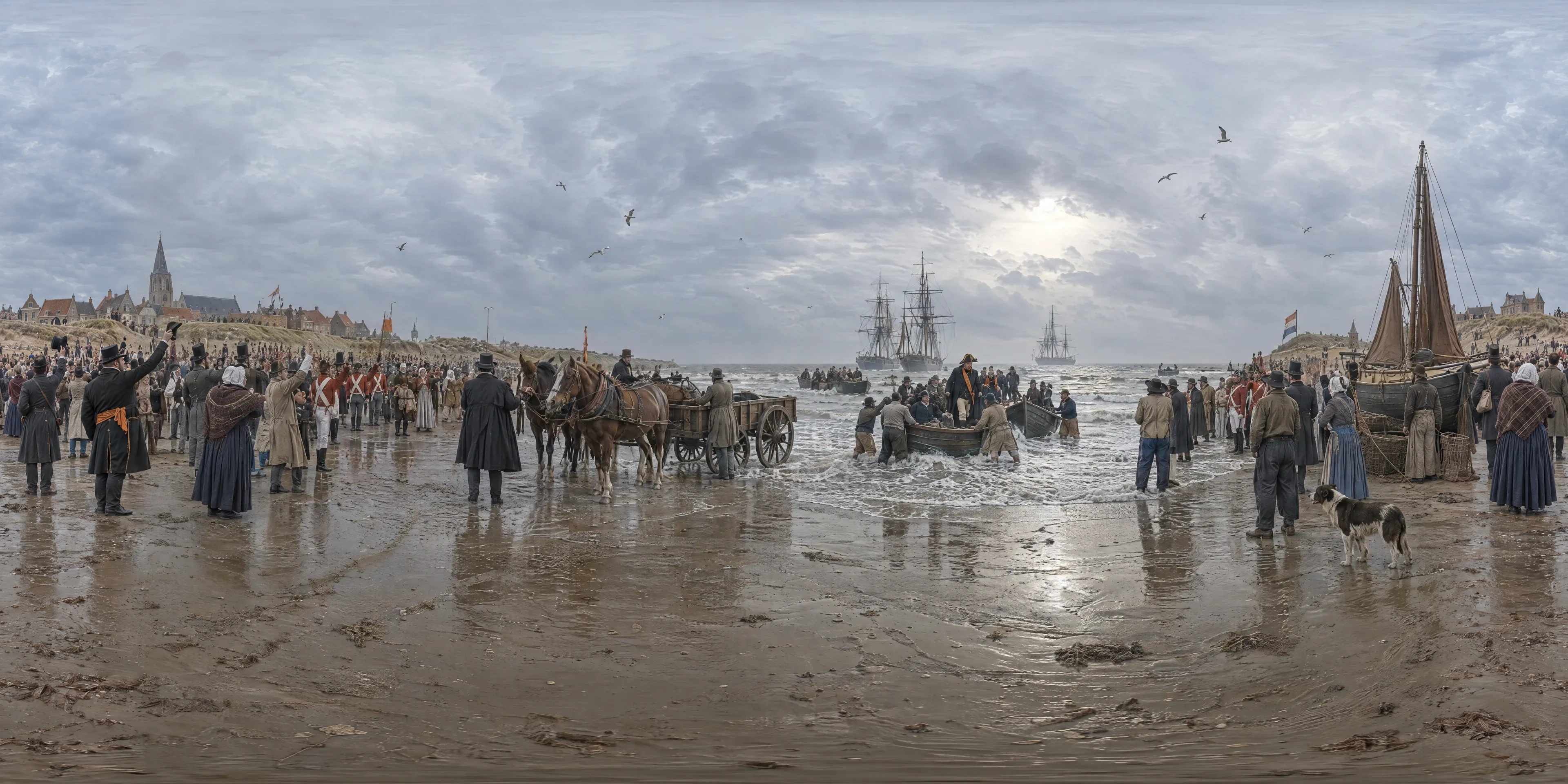 Panoramic scene depicting Beach of Scheveningen (1813), Beach below the dunes of the fishing village of Scheveningen, where the Prince of Orange came ashore.