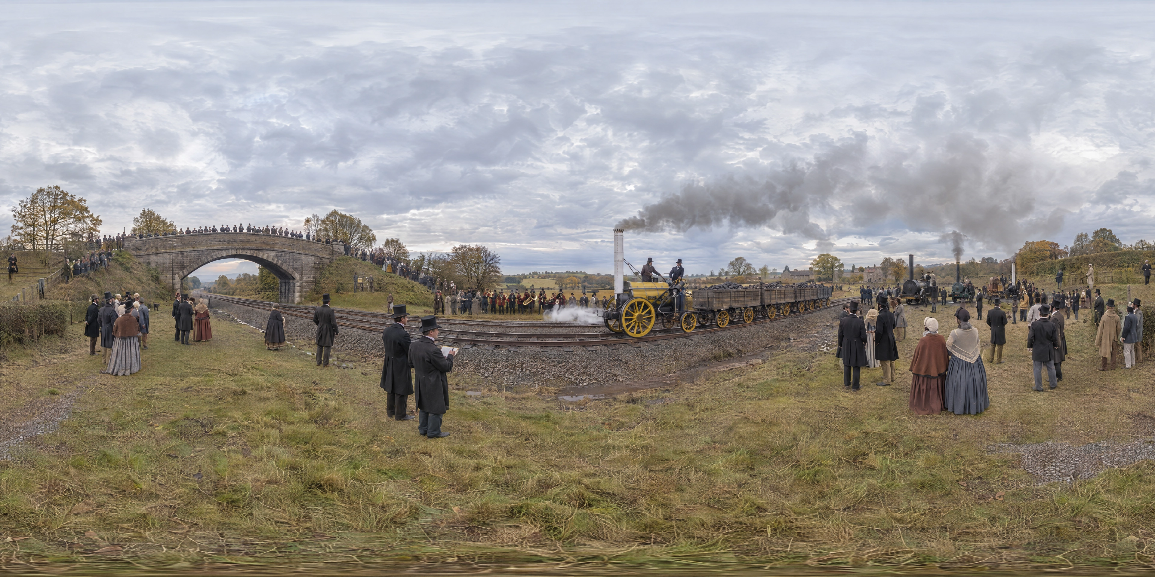 Panoramic scene depicting Rainhill Level, Liverpool and Manchester Railway (1829), Lineside at Kenrick's Cross on the level mile east of Rainhill Bridge, Lancashire (now Merseyside).
