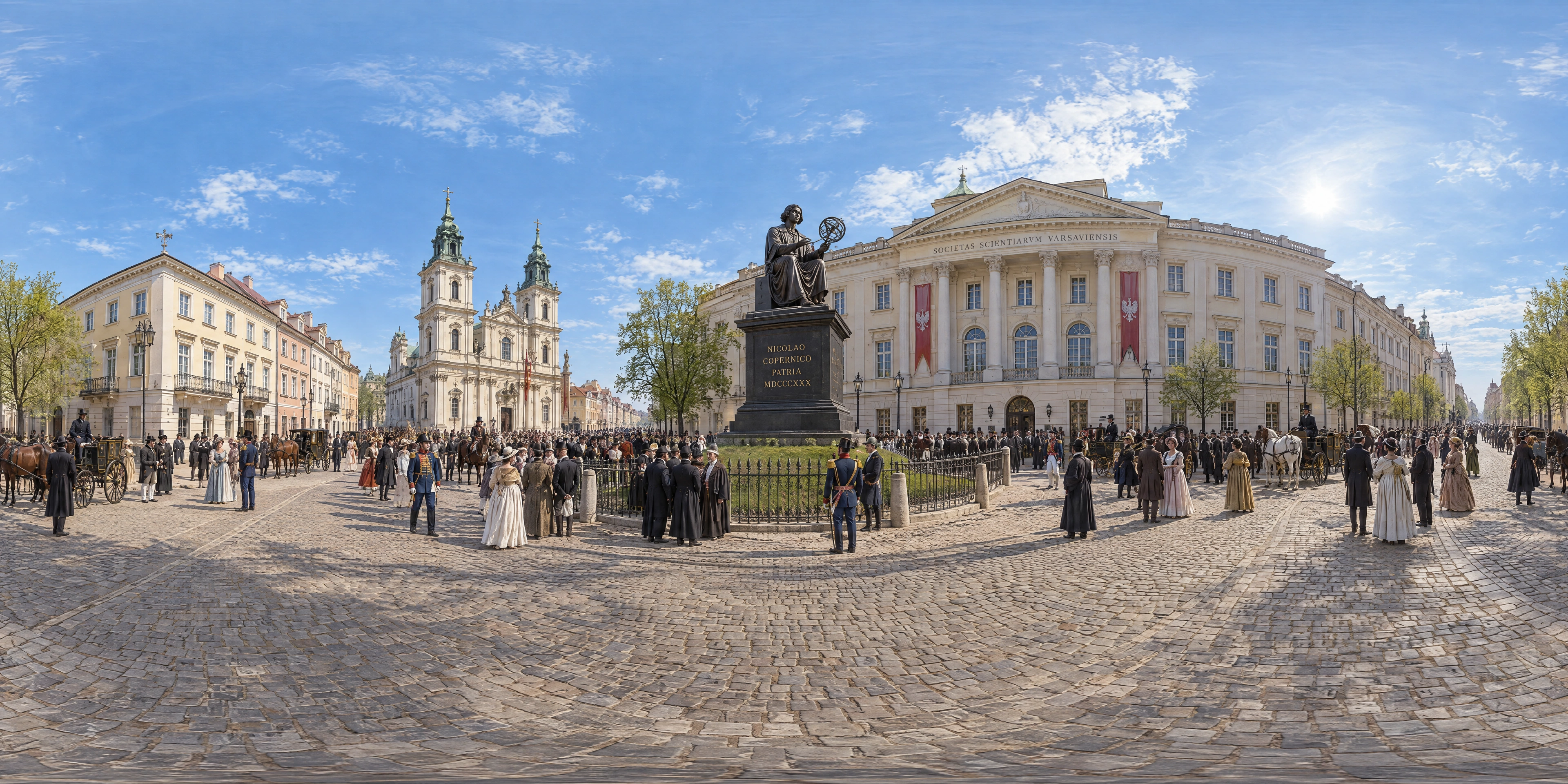 Panoramic scene depicting Krakowskie Przedmieście, Warsaw (1830), Krakowskie Przedmieście by the new Copernicus monument in front of the Staszic Palace, Warsaw.