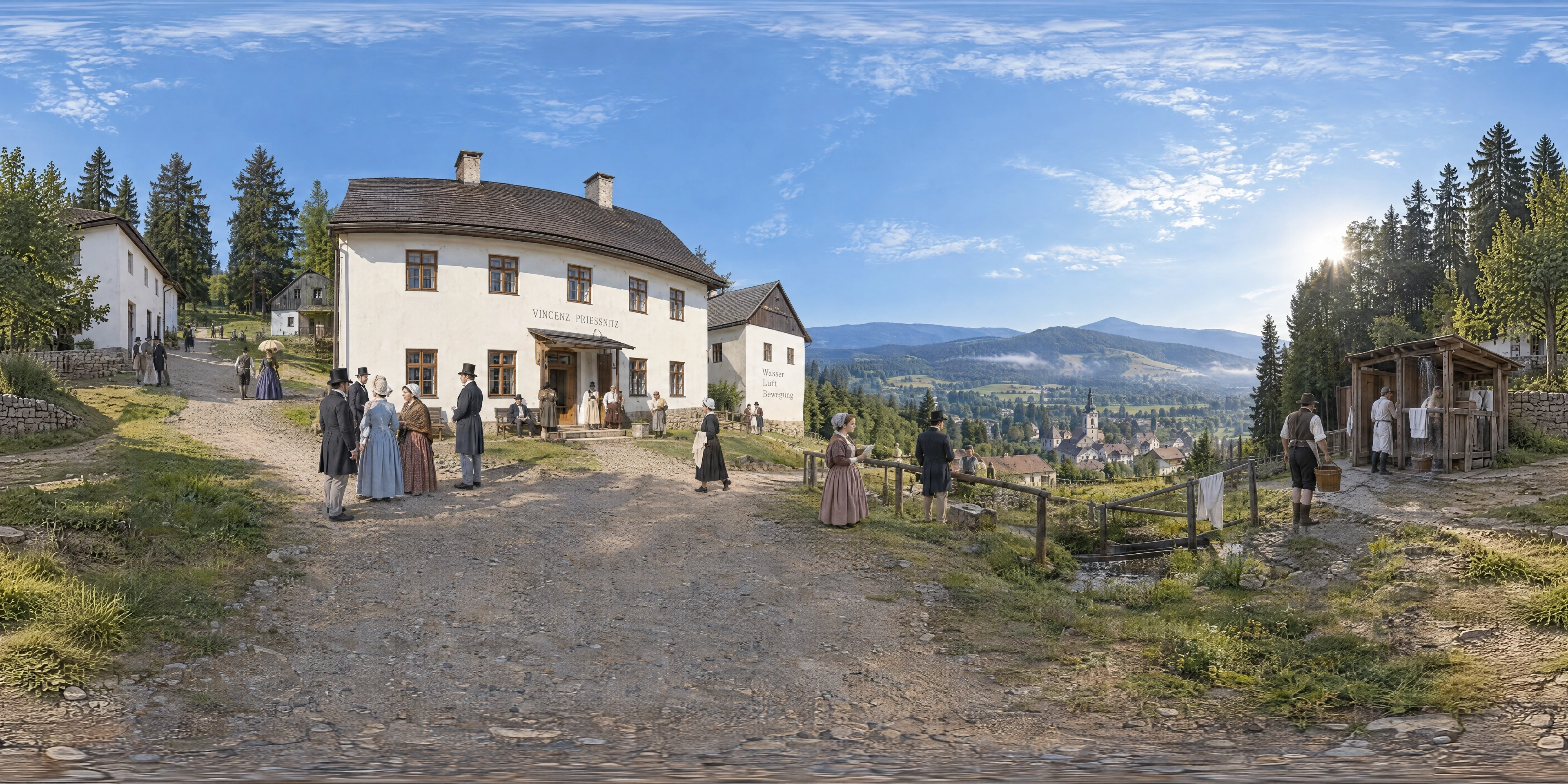 Panoramic scene depicting Gräfenberg Spa, Jeseník (1839), Hillside spa of Vincenz Priessnitz at Gräfenberg above Freiwaldau (today Lázně Jeseník), Czech Silesia.
