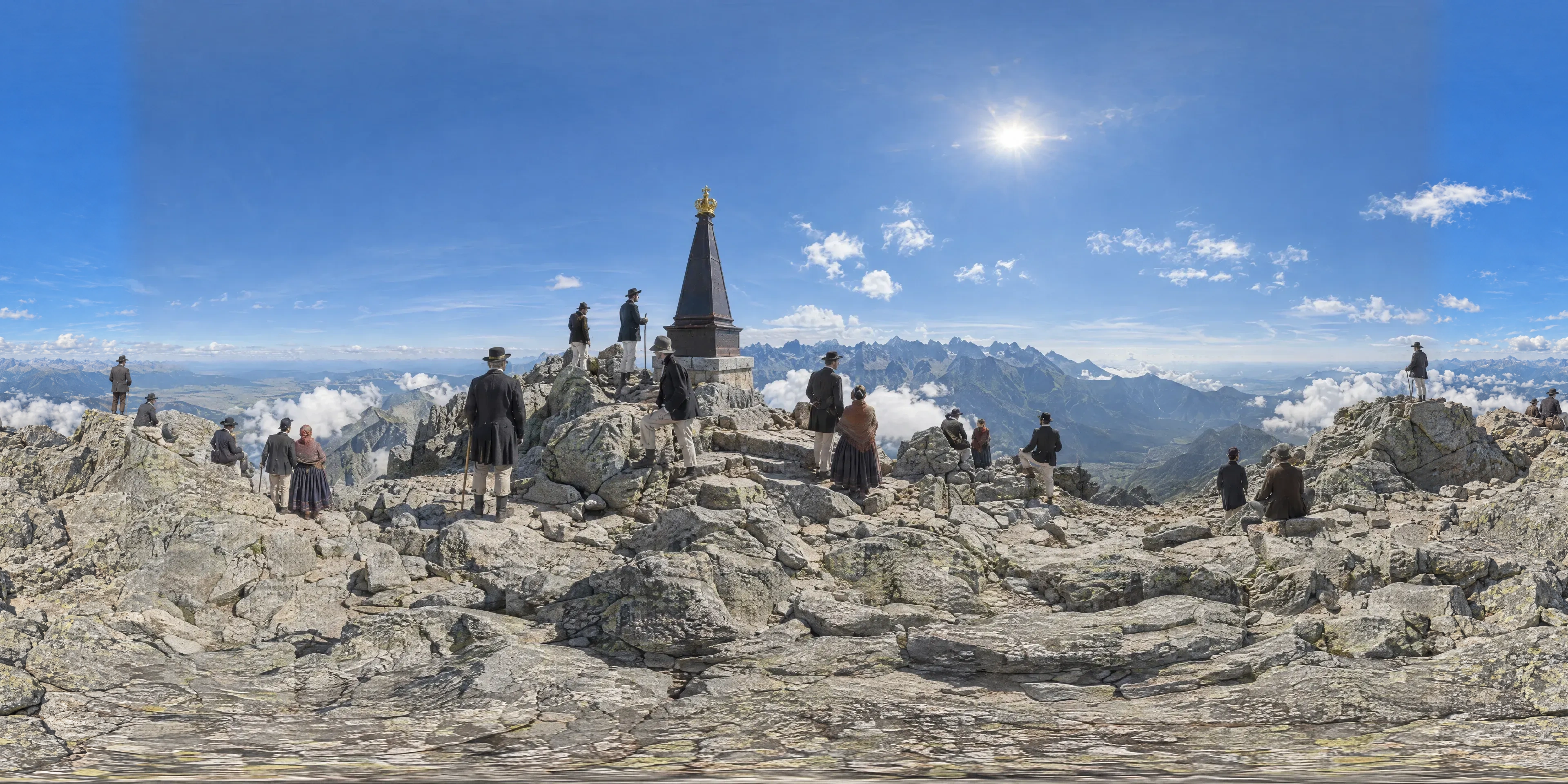 Panoramic scene depicting Summit of Kriváň, High Tatras (1841), Kriváň summit (2,494.7 m), High Tatras.