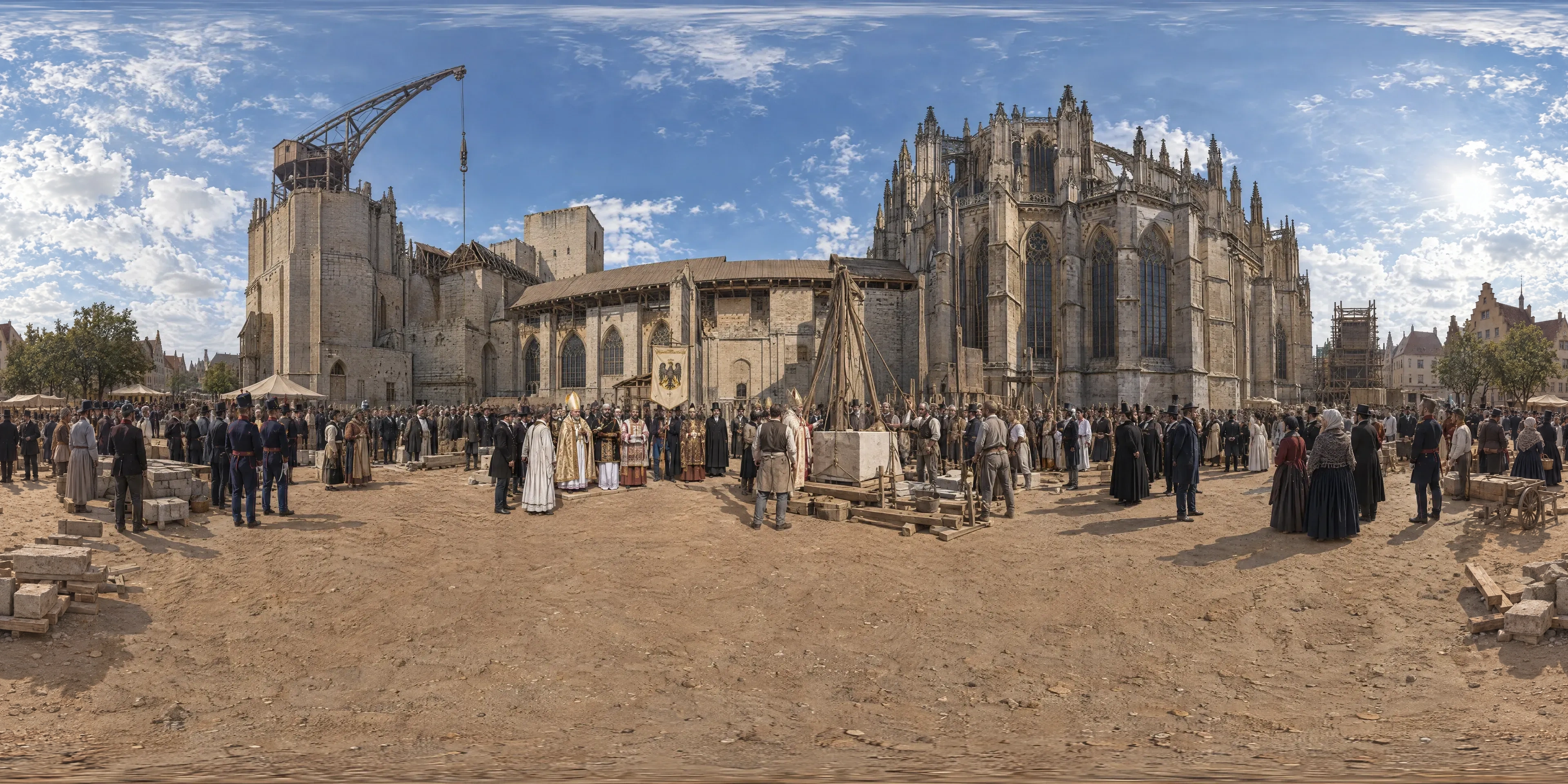 Panoramic scene depicting Cologne Cathedral (1842), South side of Cologne Cathedral, site of the future south transept, Cologne.