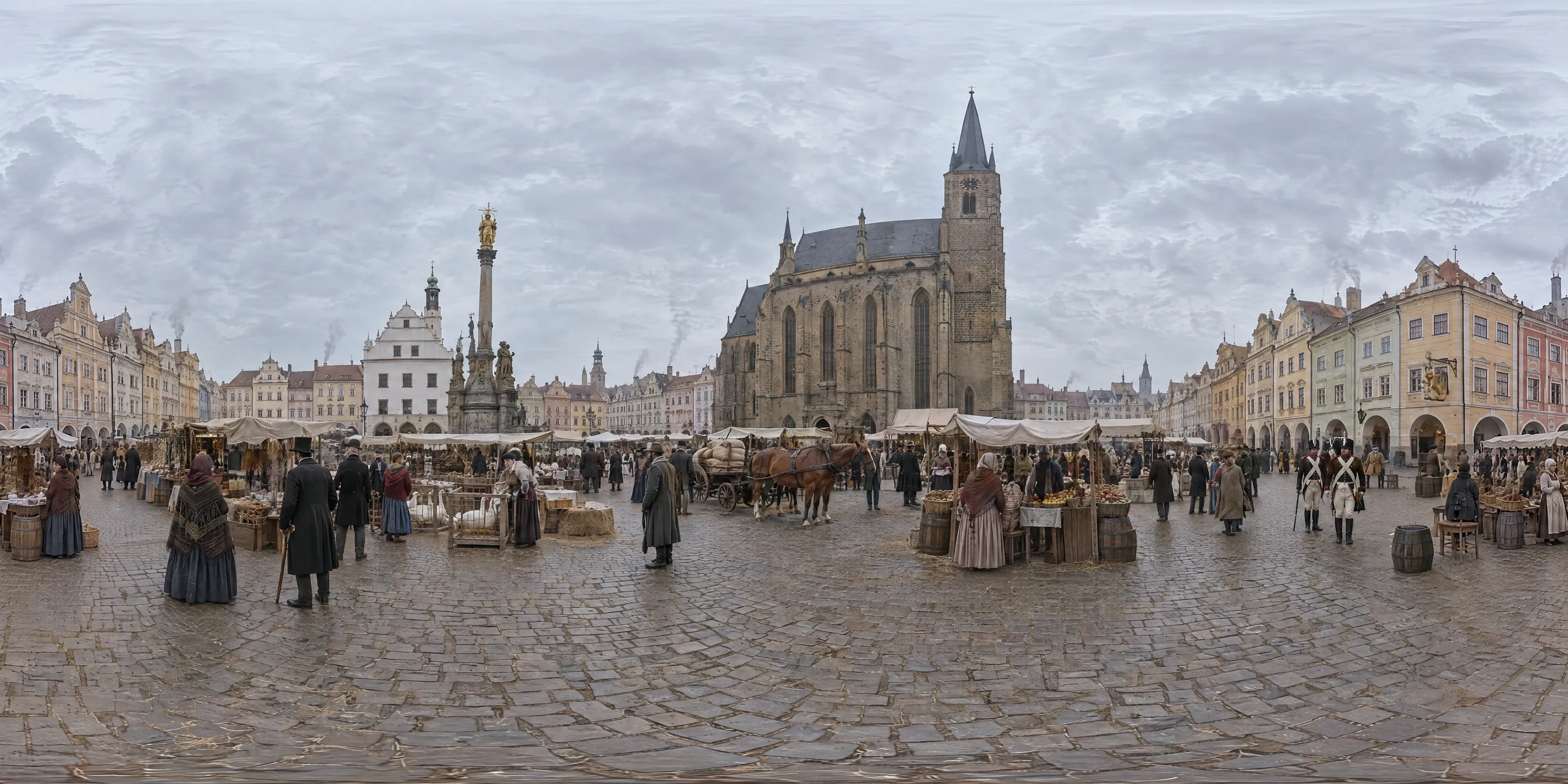 Panoramic scene depicting Main Square, Plzeň (1842), Main square (today náměstí Republiky) during the St Martin's market, Plzeň, West Bohemia.