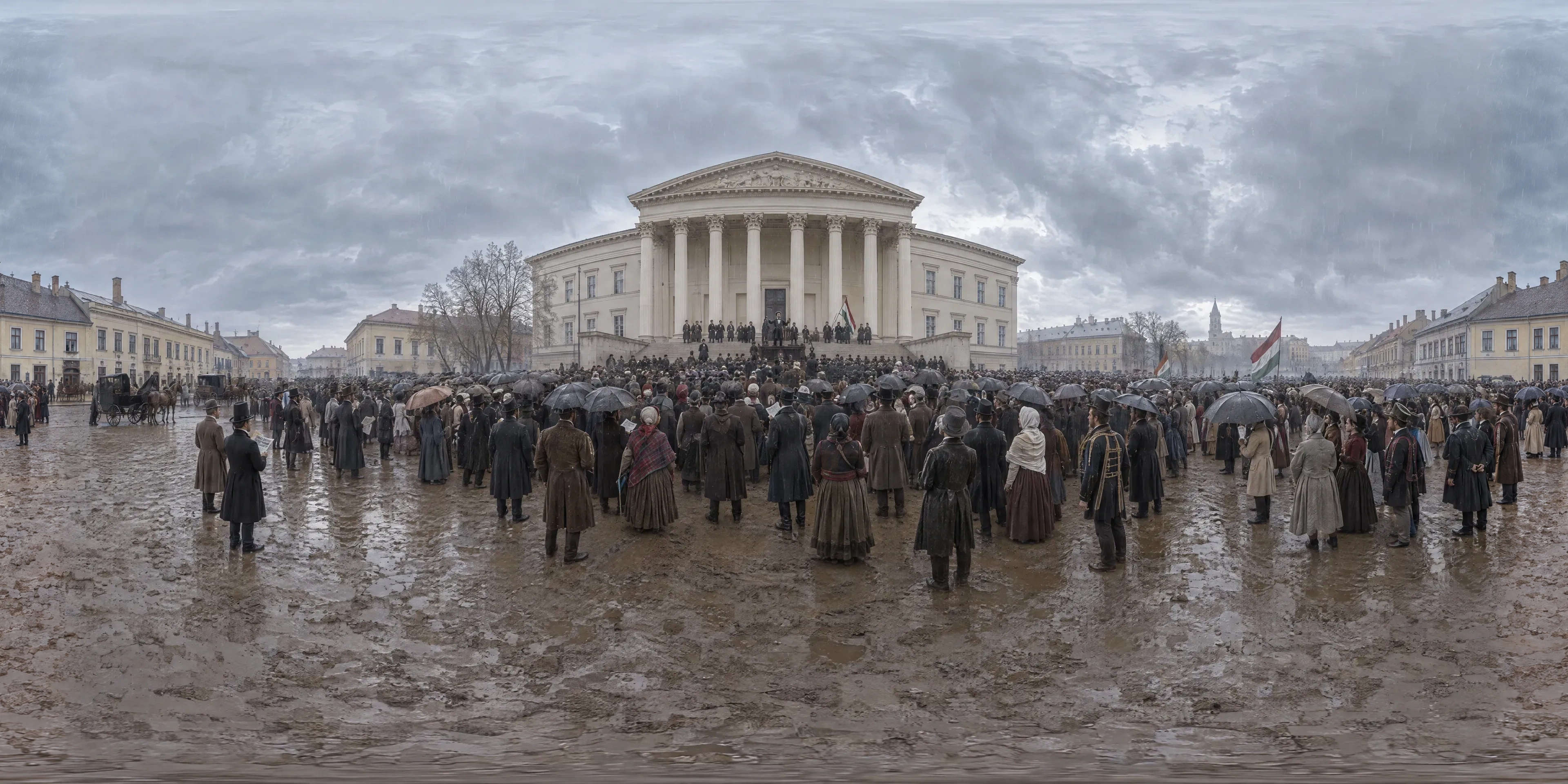 Panoramic scene depicting Hungarian National Museum, Pest (1848), Yard in front of the National Museum steps, Pest (Budapest).