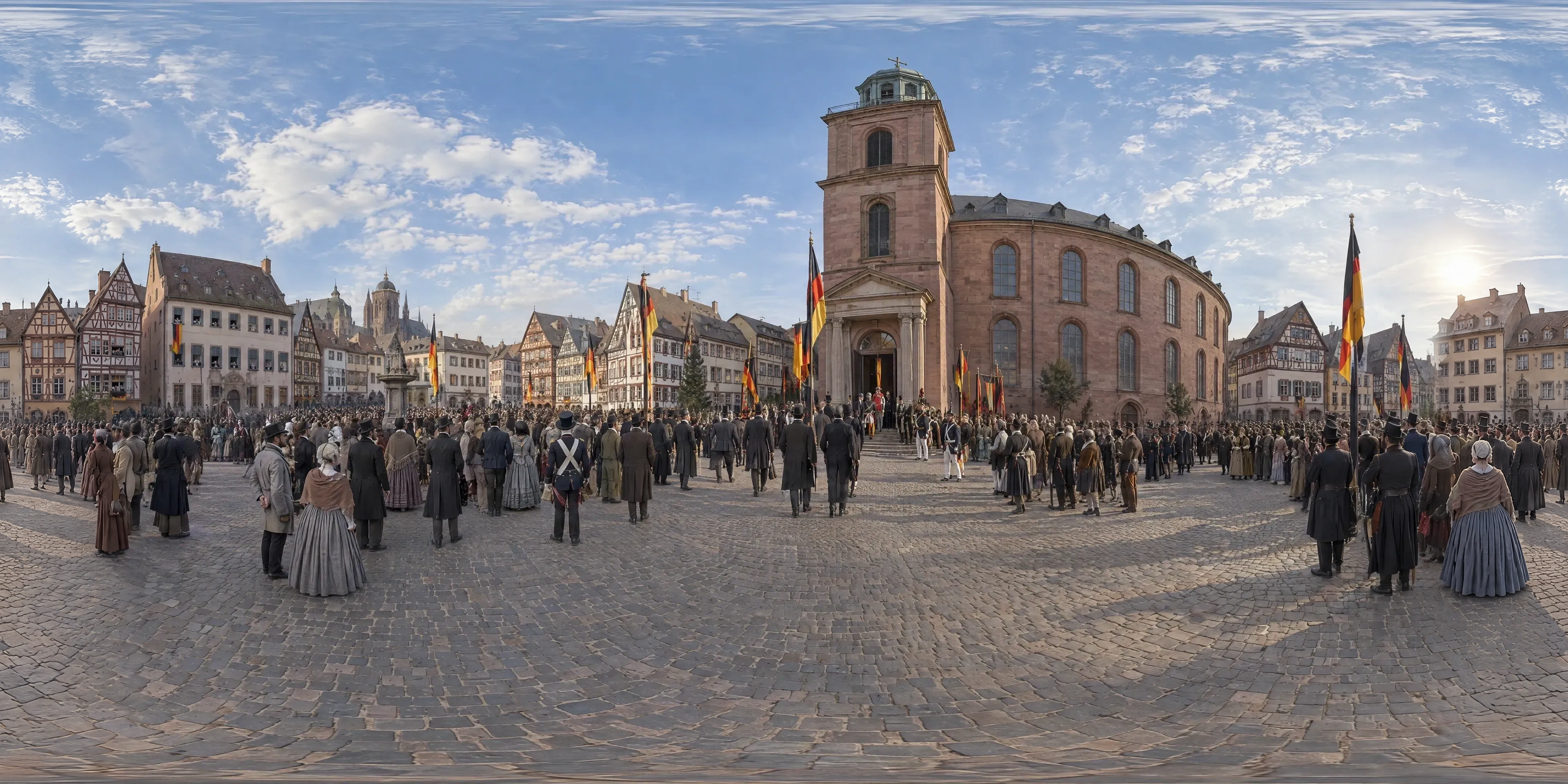 Panoramic scene depicting St Paul's Church, Frankfurt (1848), Paulsplatz before the tower portal of St Paul's Church, Frankfurt am Main.