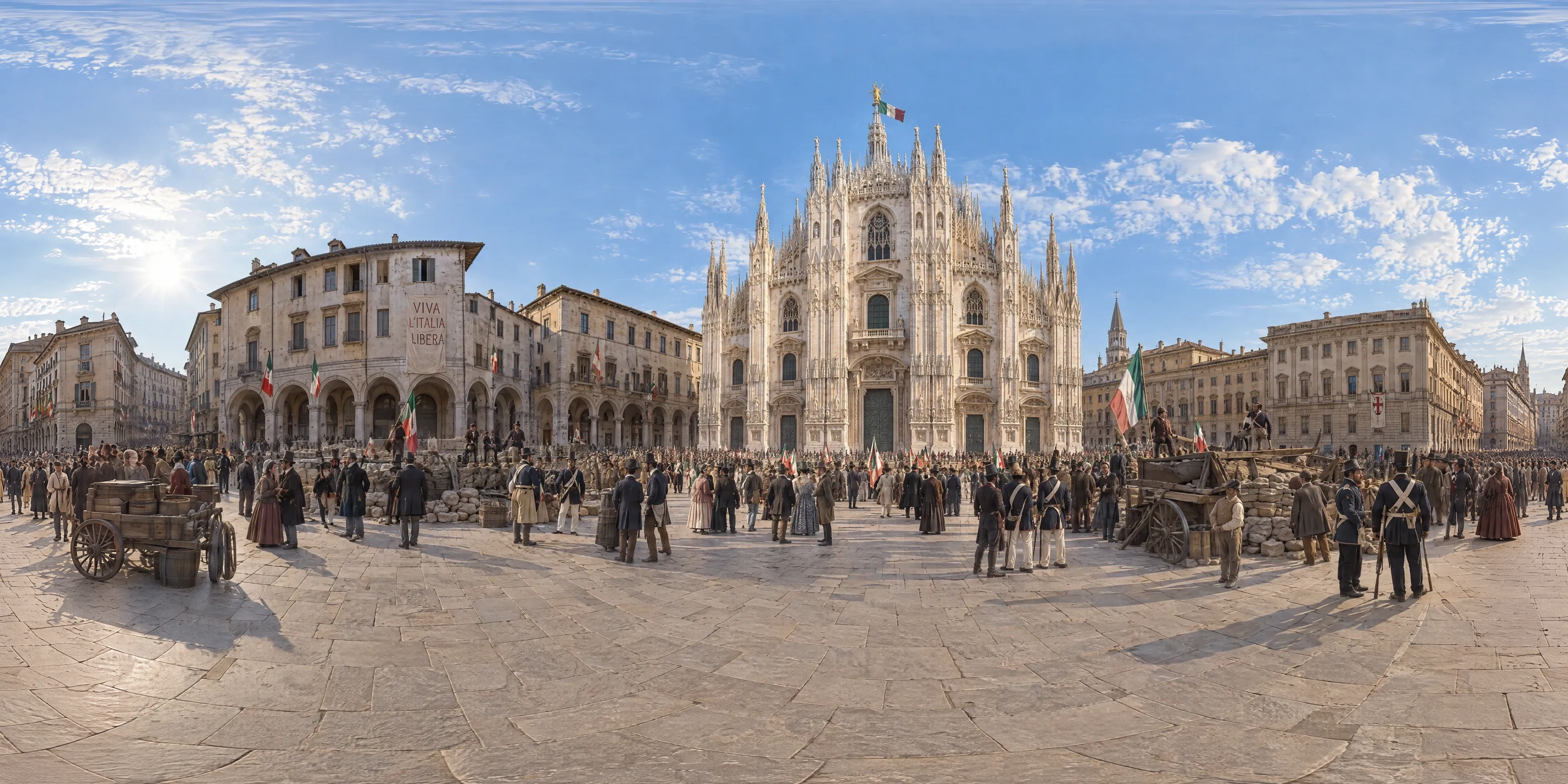 Panoramic scene depicting Piazza del Duomo, Milan (1848), Piazza del Duomo, Milan.