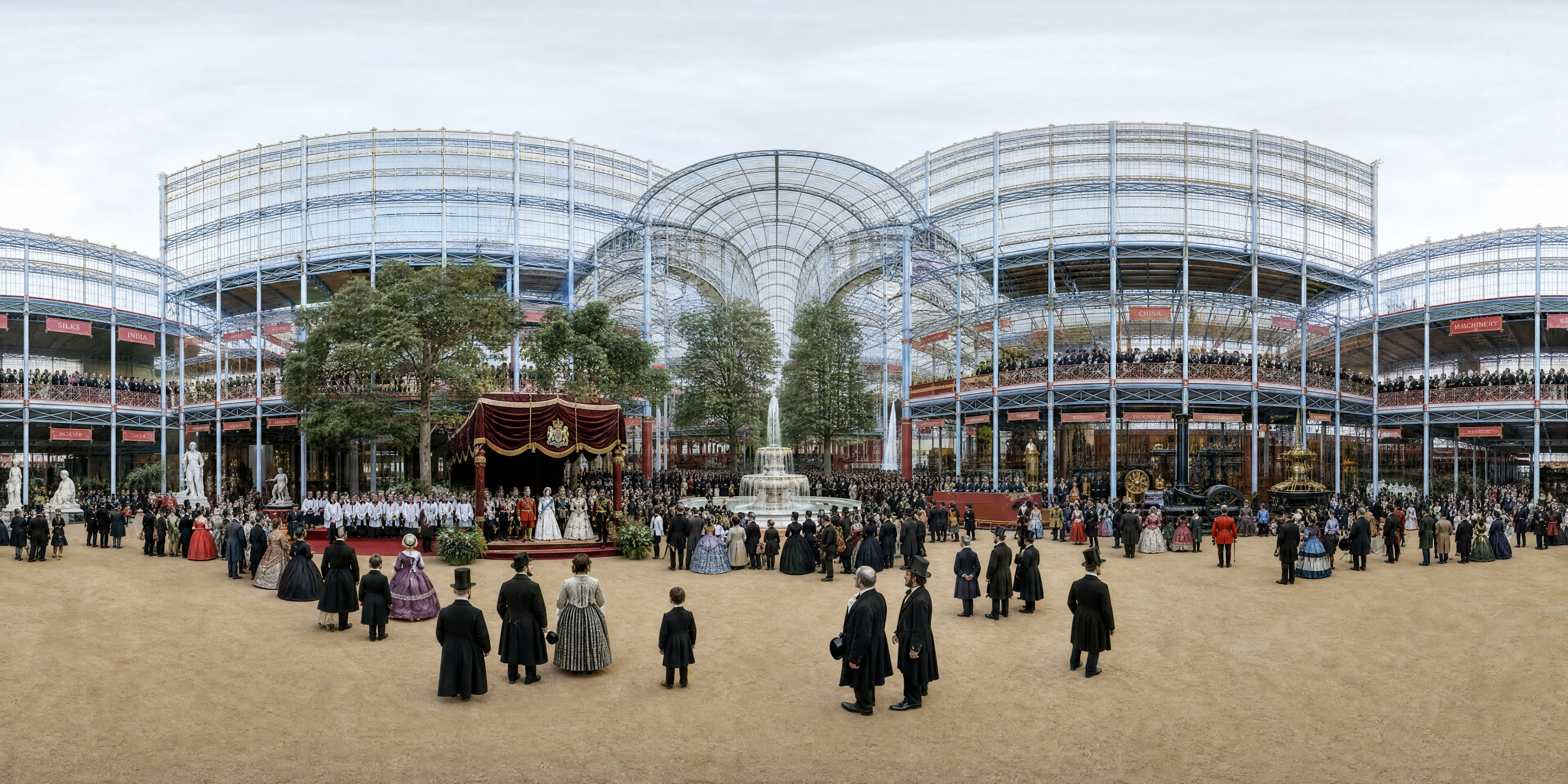 Panoramic scene depicting Crystal Palace, Hyde Park (1851), Crystal Palace, Hyde Park.