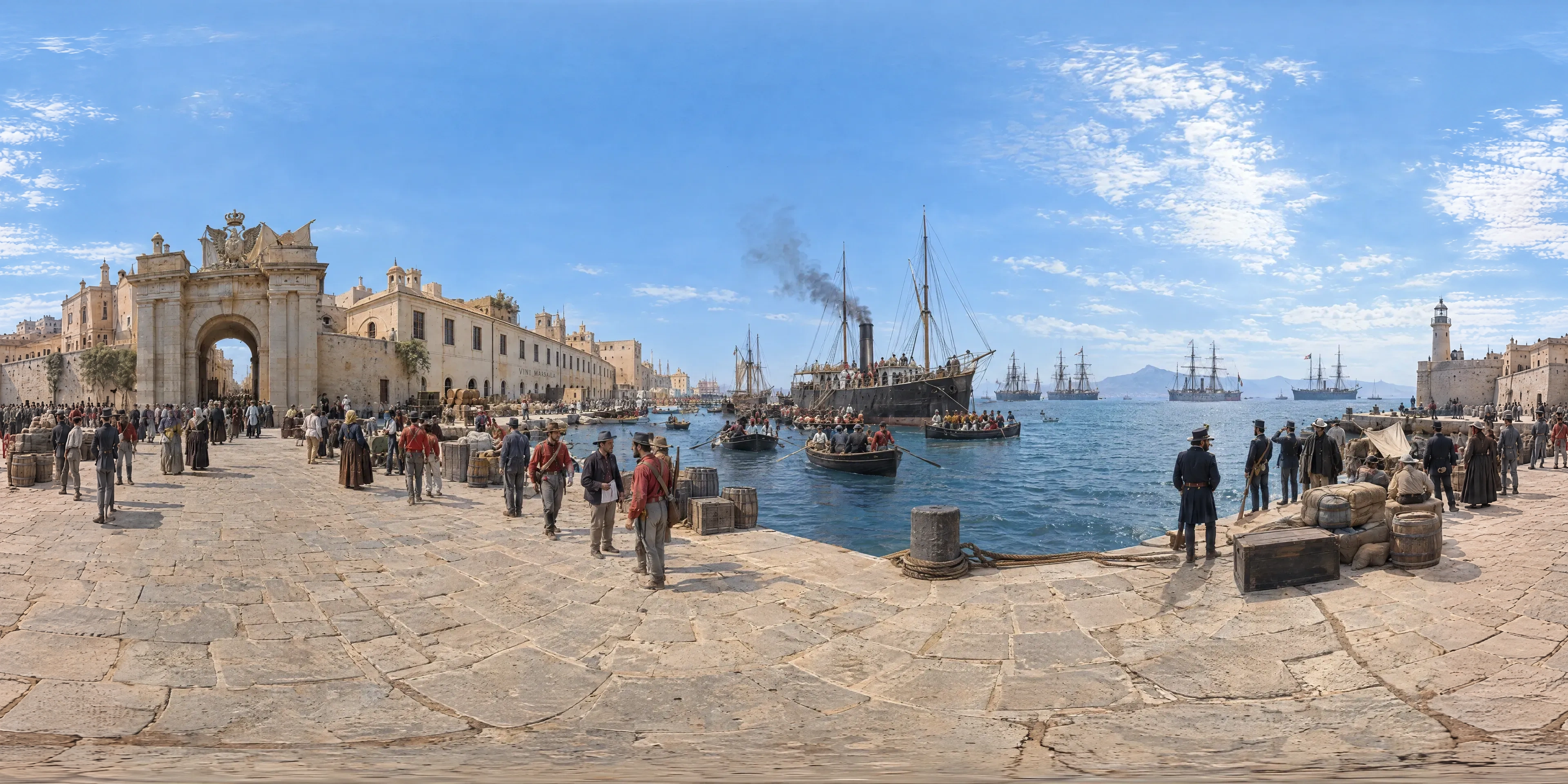 Panoramic scene depicting Harbour of Marsala (1860), Harbour of Marsala, Sicily.