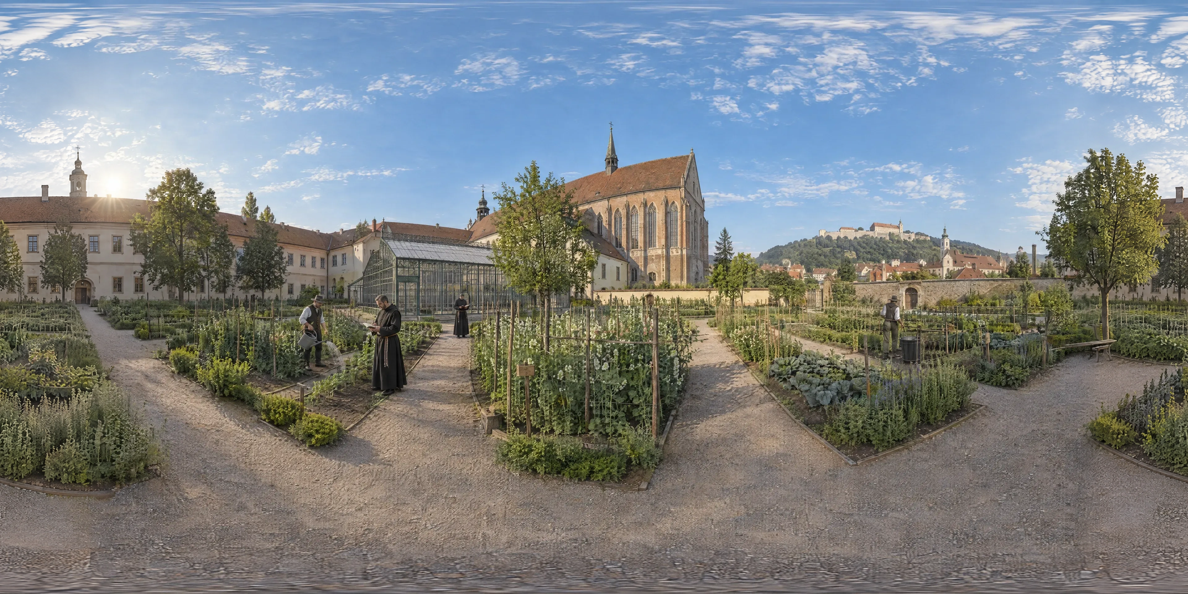 Panoramic scene depicting Mendel's Garden, St Thomas's Abbey, Brno (1860s), Experimental garden of the Augustinian abbey of St Thomas, Old Brno (today Mendlovo náměstí).