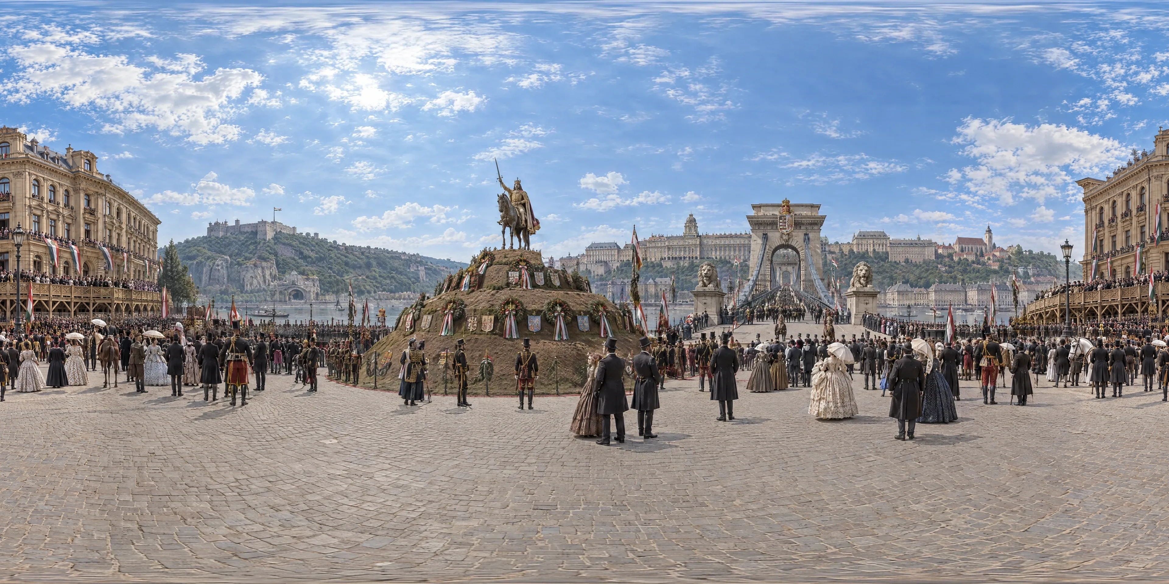 Panoramic scene depicting Coronation Mound at the Chain Bridge, Pest (1867), Square at the Pest bridgehead of the Chain Bridge (today Széchenyi István tér), Budapest.