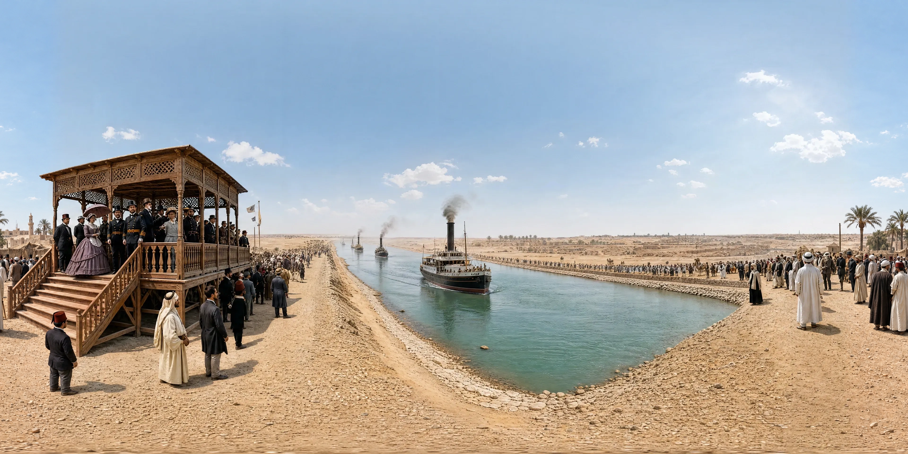 Panoramic scene depicting Suez Canal at Ismailia (1869), Suez Canal at Ismailia.