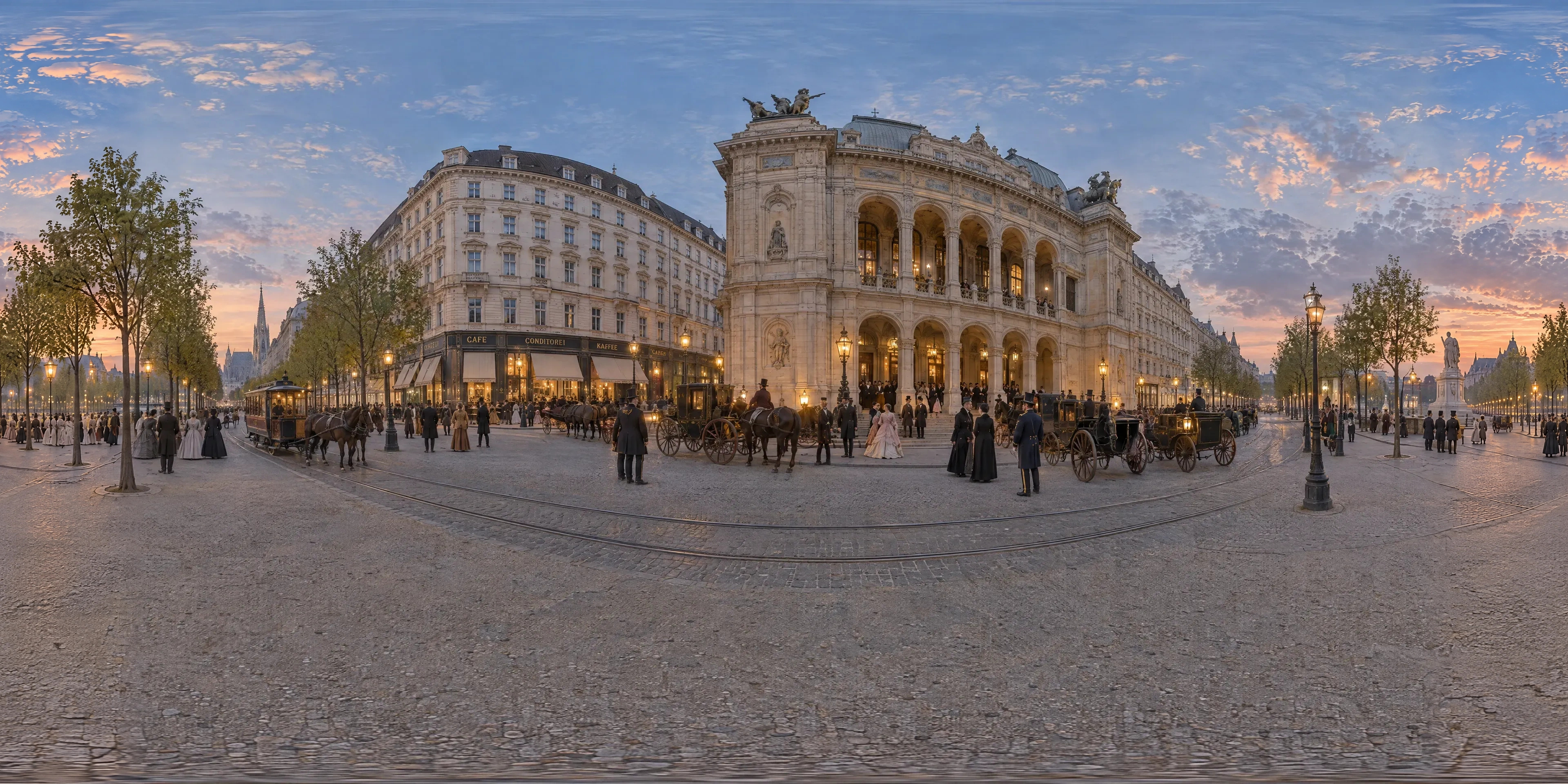 Panoramic scene depicting Court Opera on the Ringstraße, Vienna (1869), Ringstraße at the corner of Kärntner Straße, before the new Court Opera, Vienna.