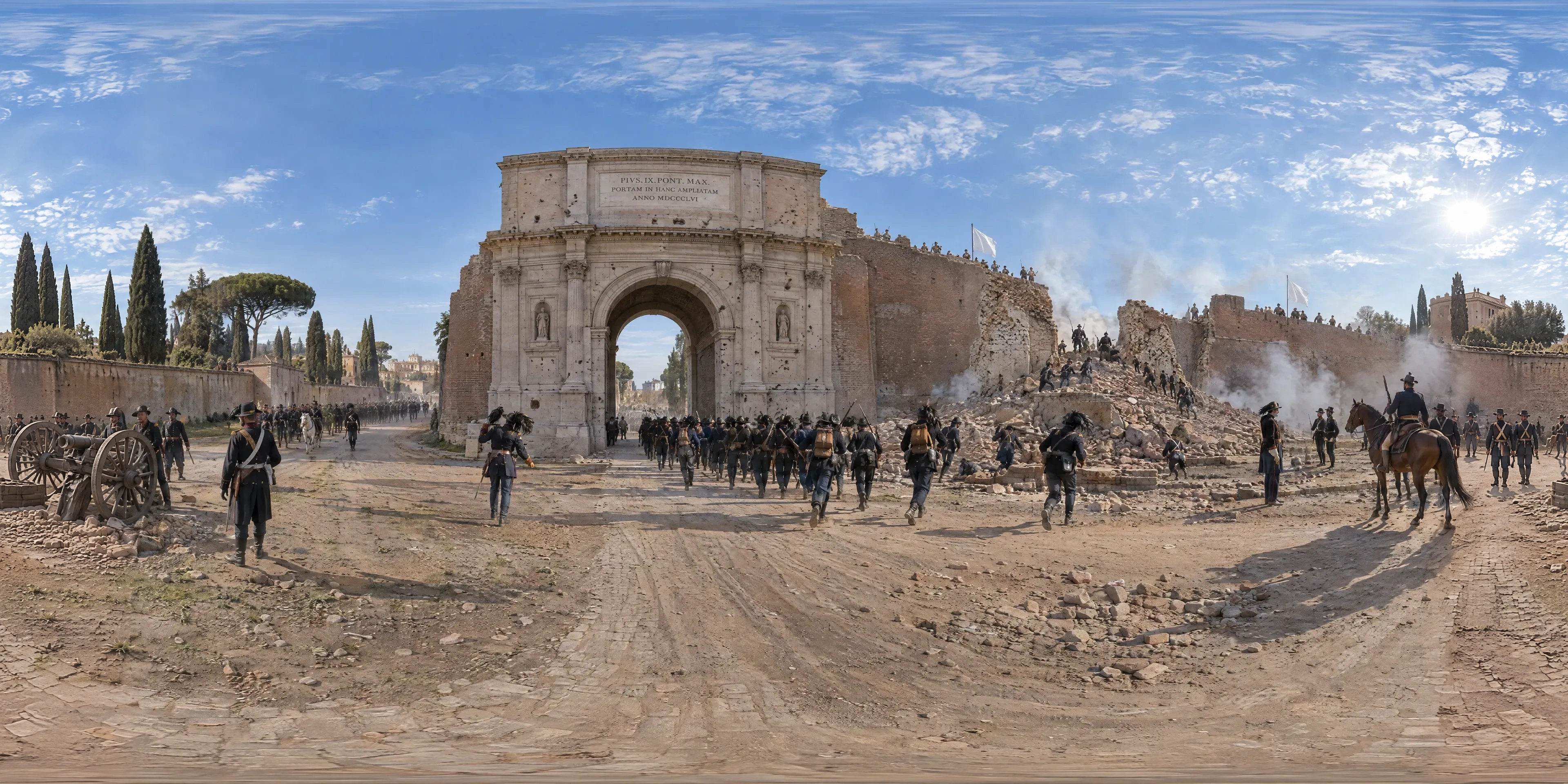 Panoramic scene depicting Porta Pia, Rome (1870), Via Nomentana outside Porta Pia, Rome.