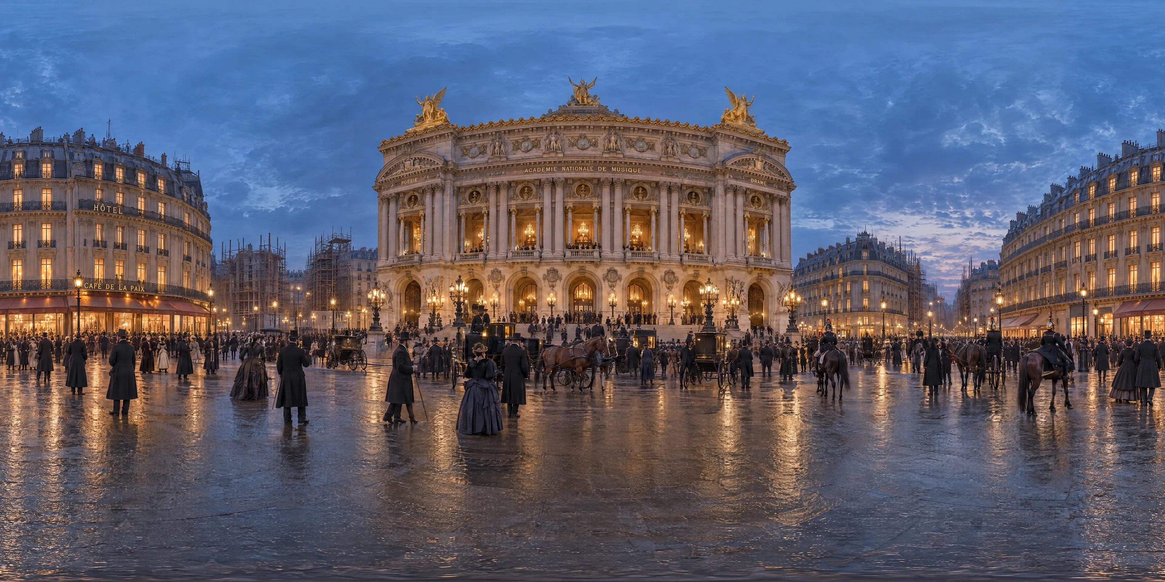 Panoramic scene depicting Palais Garnier, Paris (1875), Place de l'Opéra facing the main front of the new Opéra, 9th arrondissement, Paris.