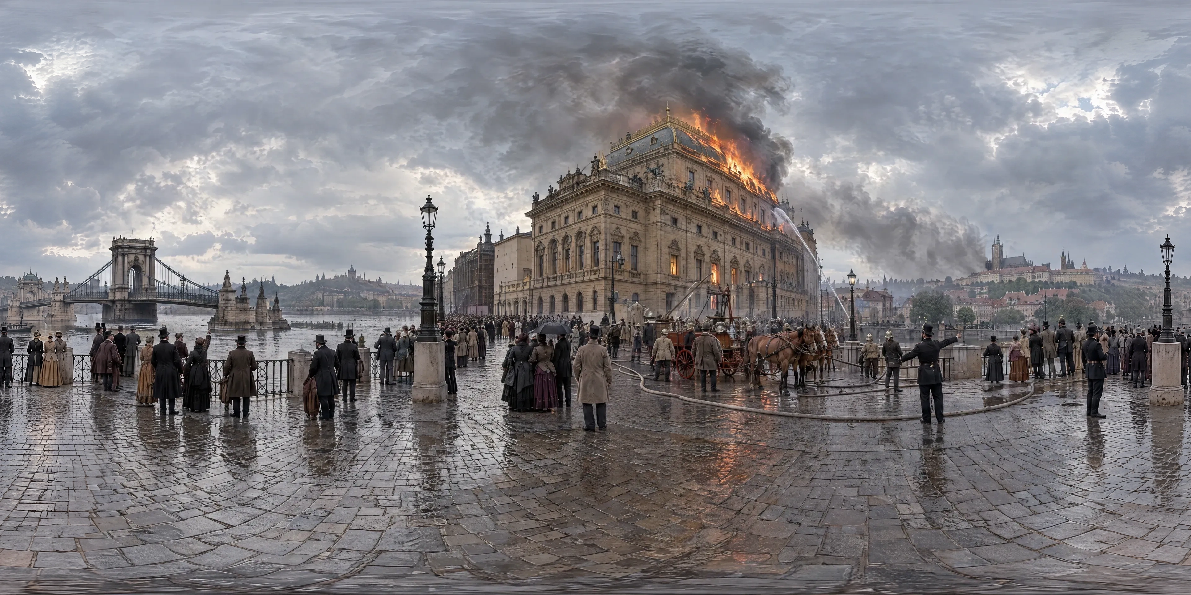 Panoramic scene depicting National Theatre, Prague (1881), Vltava embankment beside the National Theatre, at the head of the Chain Bridge, Prague.