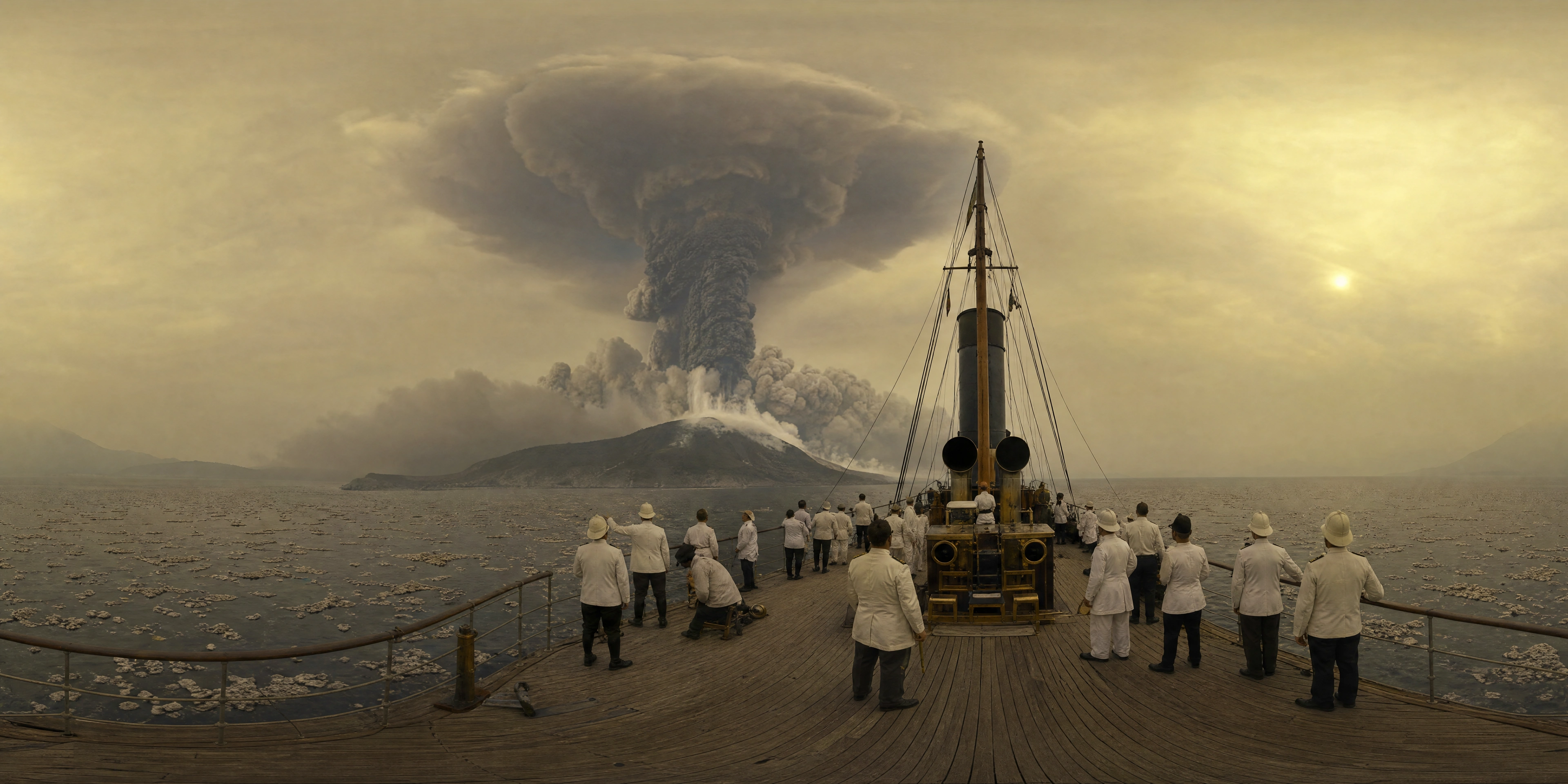 Panoramic scene depicting Krakatoa, Sunda Strait (1883), Krakatoa, Sunda Strait.