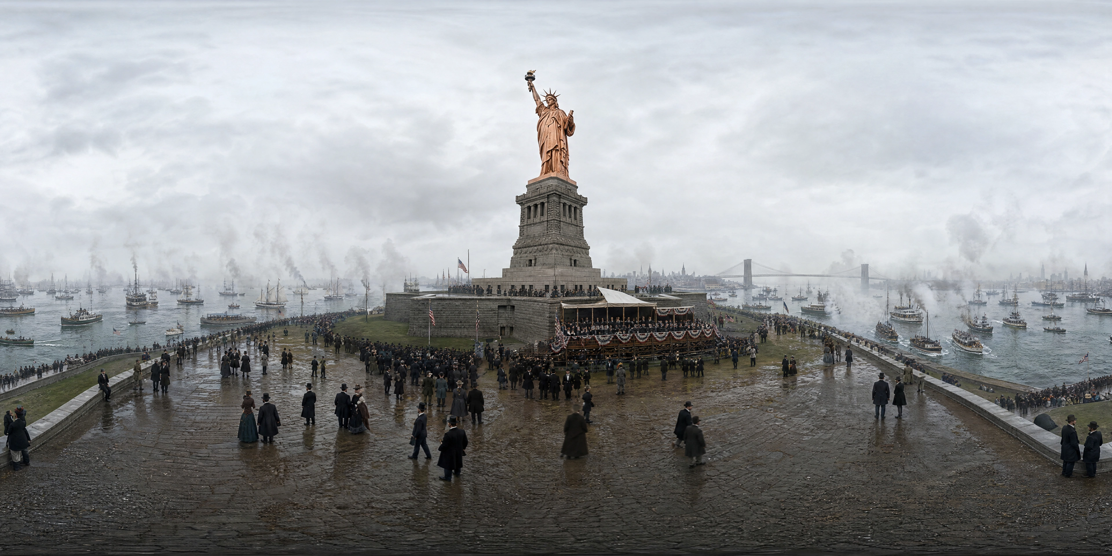 Panoramic scene depicting Bedloe's Island, New York Harbor (1886), Bedloe's Island, New York Harbor.