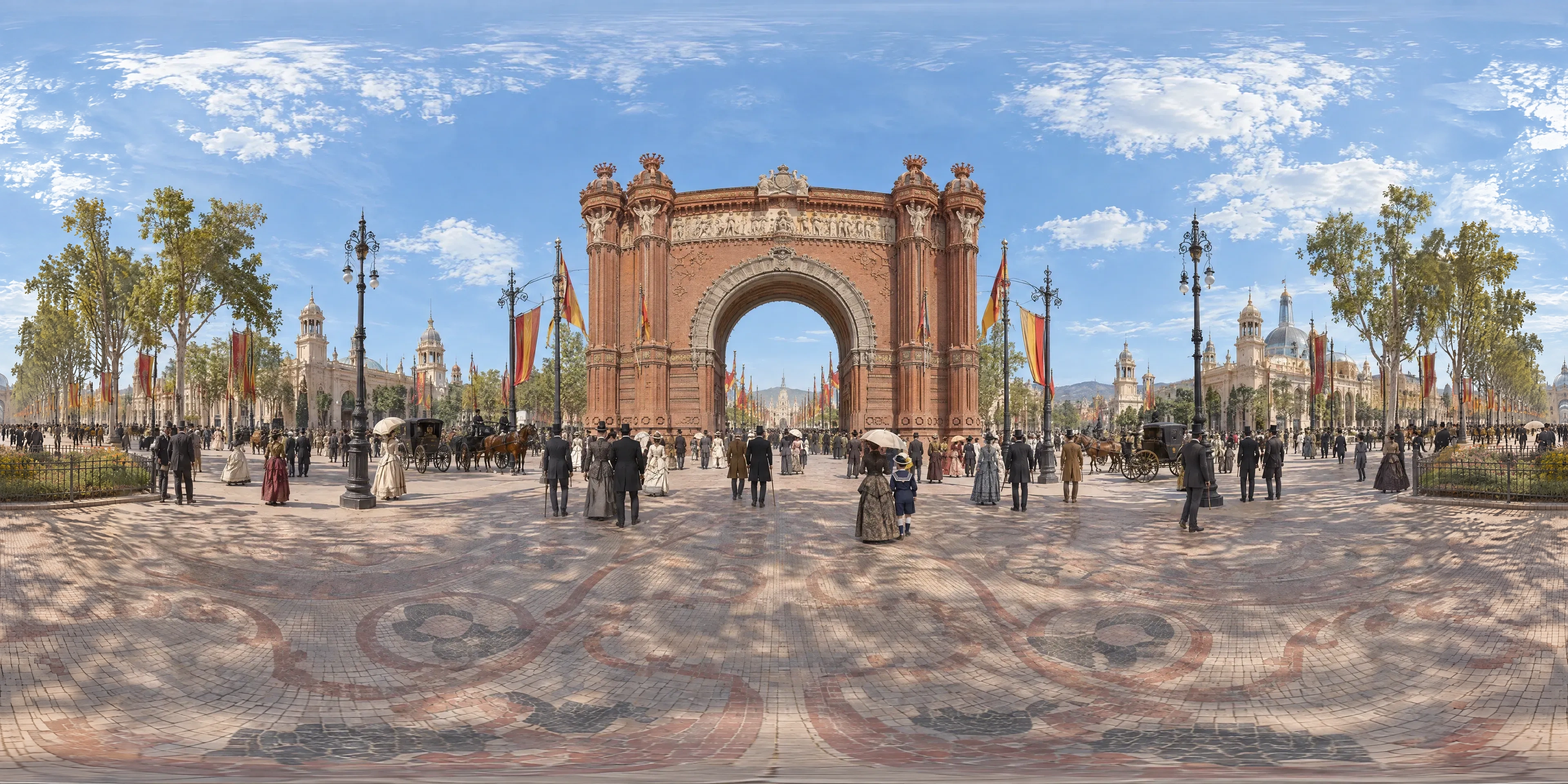 Panoramic scene depicting Arc de Triomf and Saló de Sant Joan, Barcelona (1888), Saló de Sant Joan boulevard just inside the Arc de Triomf, main entrance of the 1888 Universal Exposition, Barcelona.
