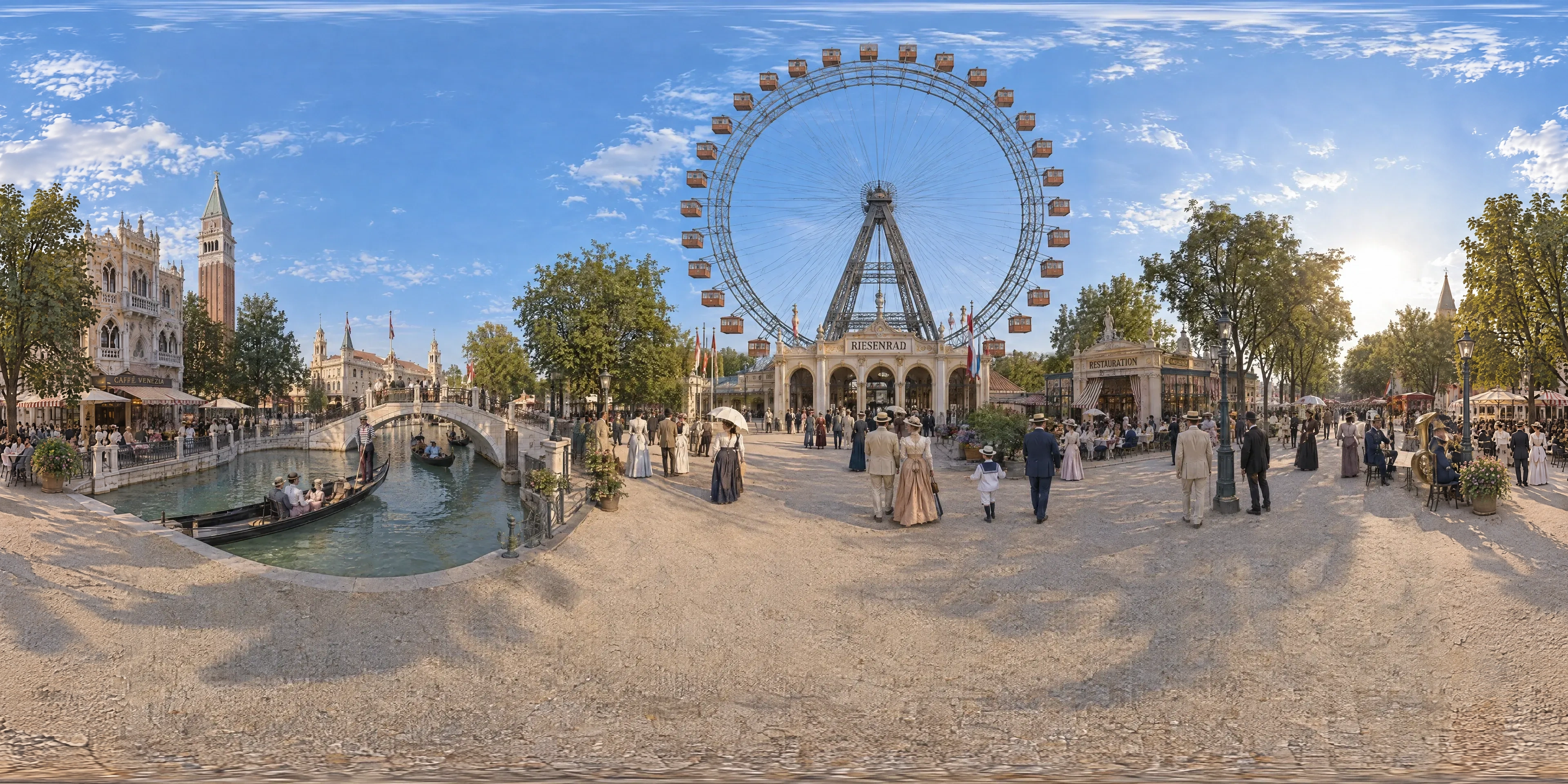 Panoramic scene depicting Giant Ferris Wheel, Prater, Vienna (1897), 'Venice in Vienna' pleasure park beside the new Giant Ferris Wheel, Prater, Vienna.