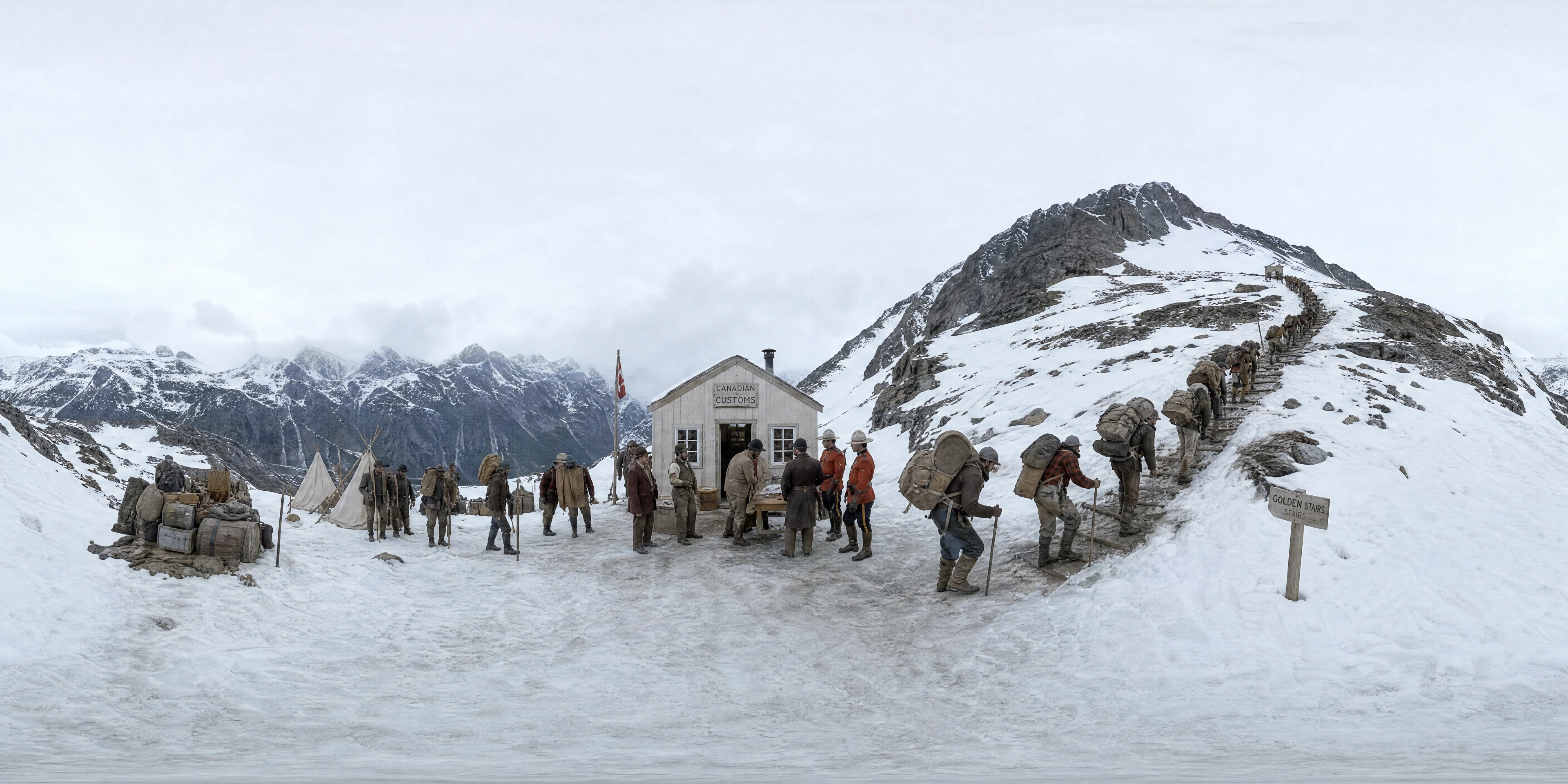 Panoramic scene depicting Chilkoot Pass (1898), Chilkoot Pass.