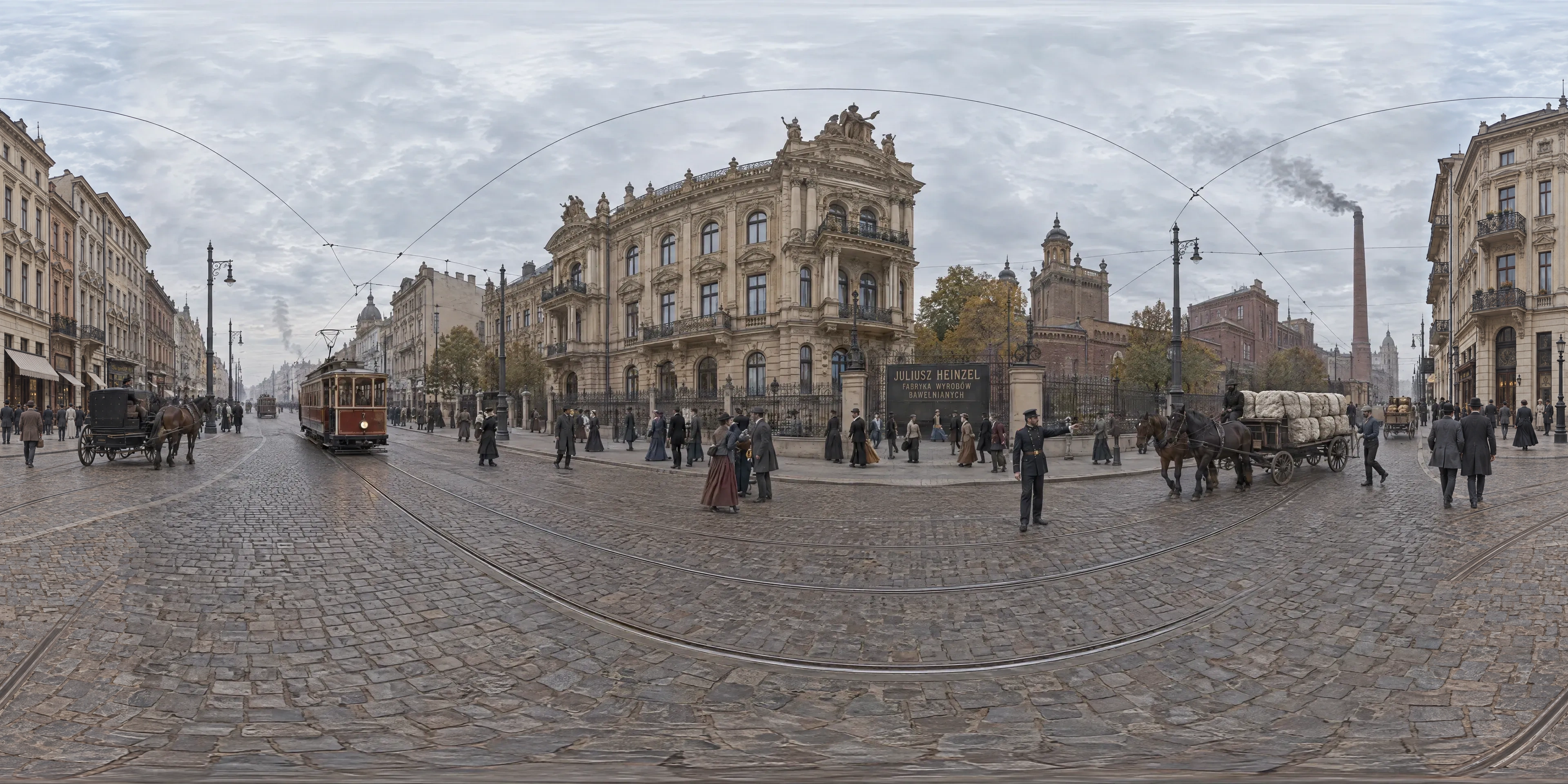 Panoramic scene depicting Piotrkowska Street, Łódź (1899), Piotrkowska Street in front of Juliusz Heinzel's palace (No. 104), Łódź.