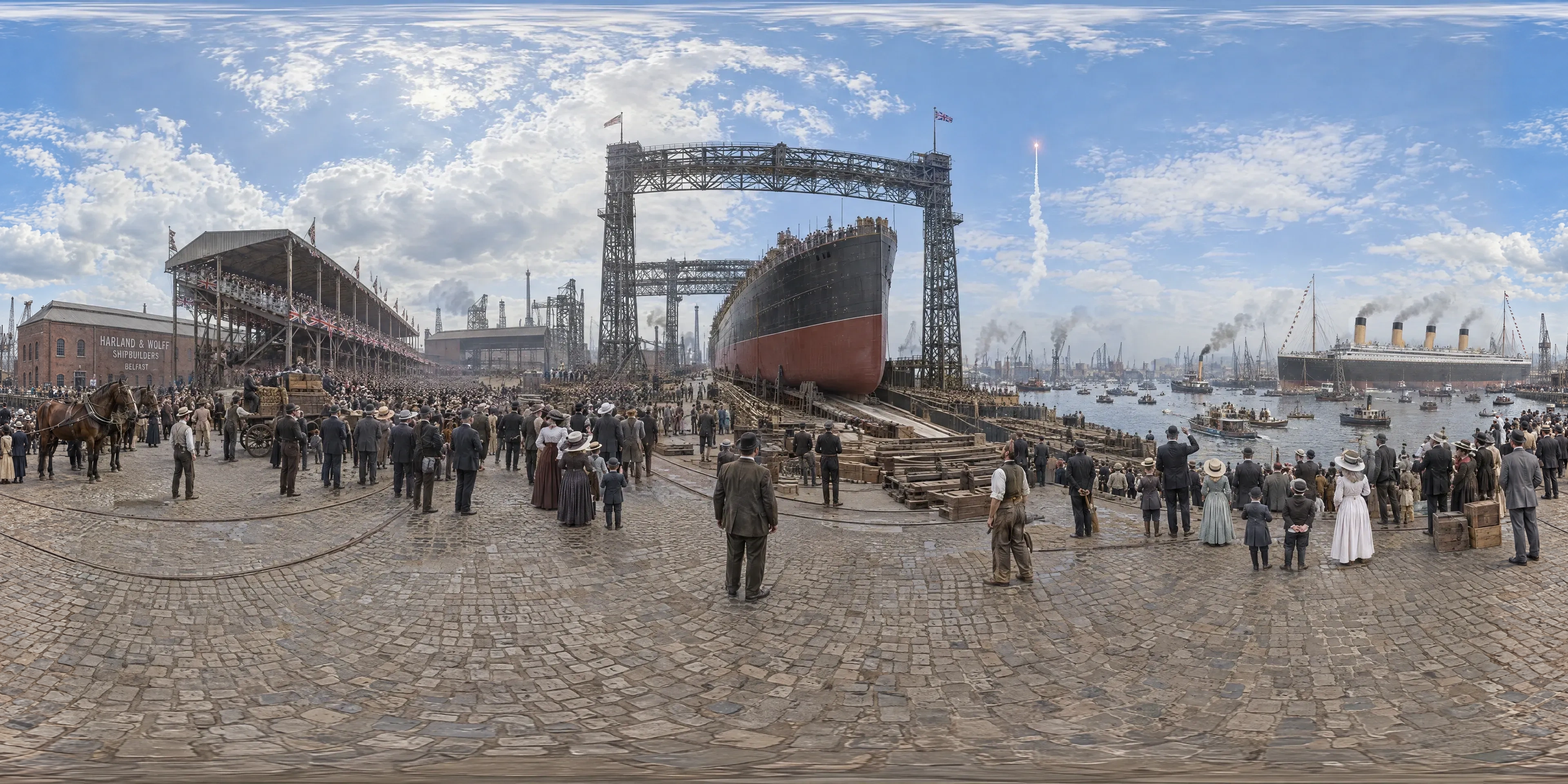 Panoramic scene depicting Harland & Wolff Shipyard, Belfast (1911), Albert Quay on the County Antrim bank of the Lagan, facing Slipway No. 3 at Queen's Island, Belfast.