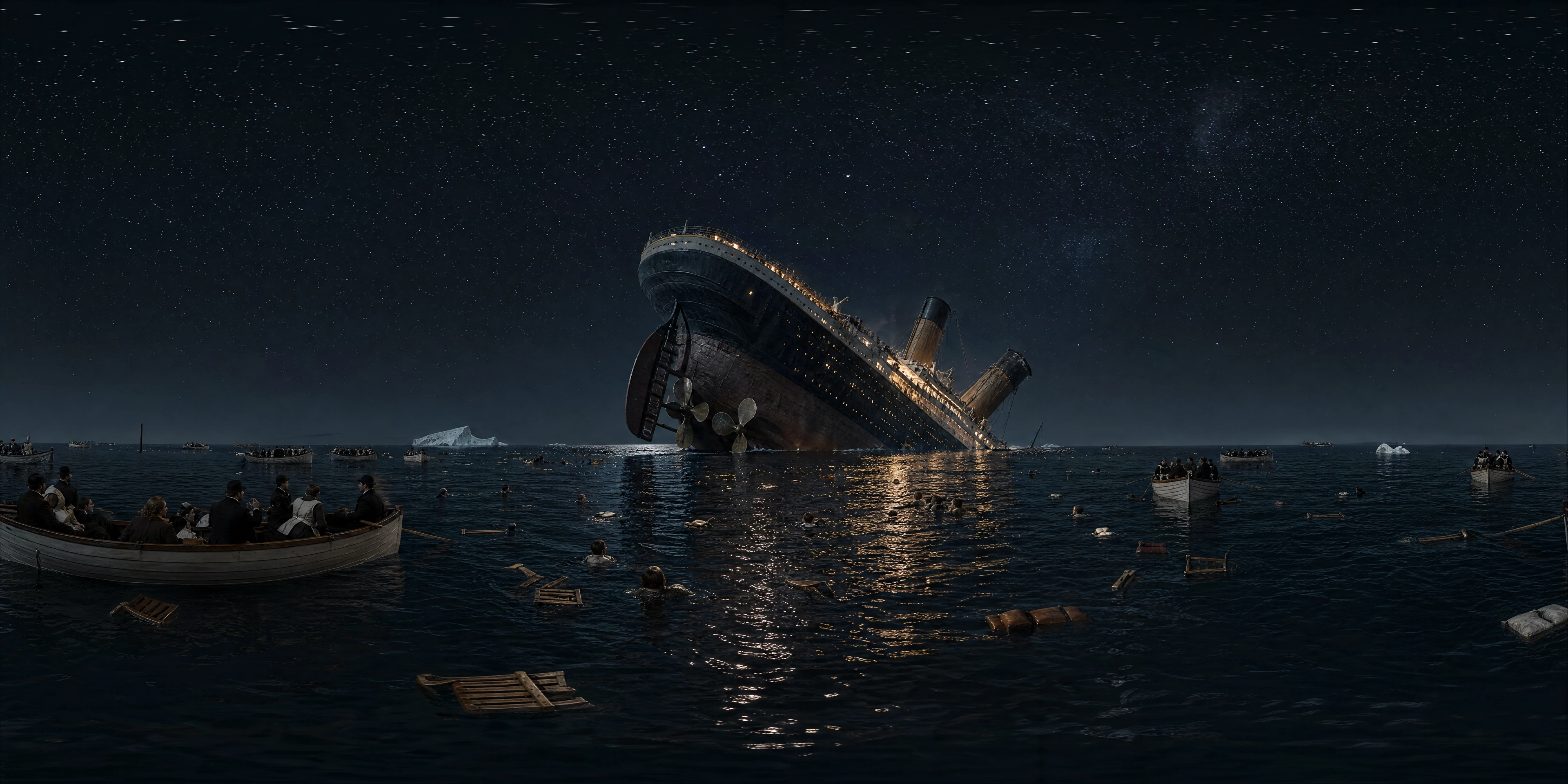 Panoramic scene depicting Sinking position of RMS Titanic (1912), Sinking position of RMS Titanic.