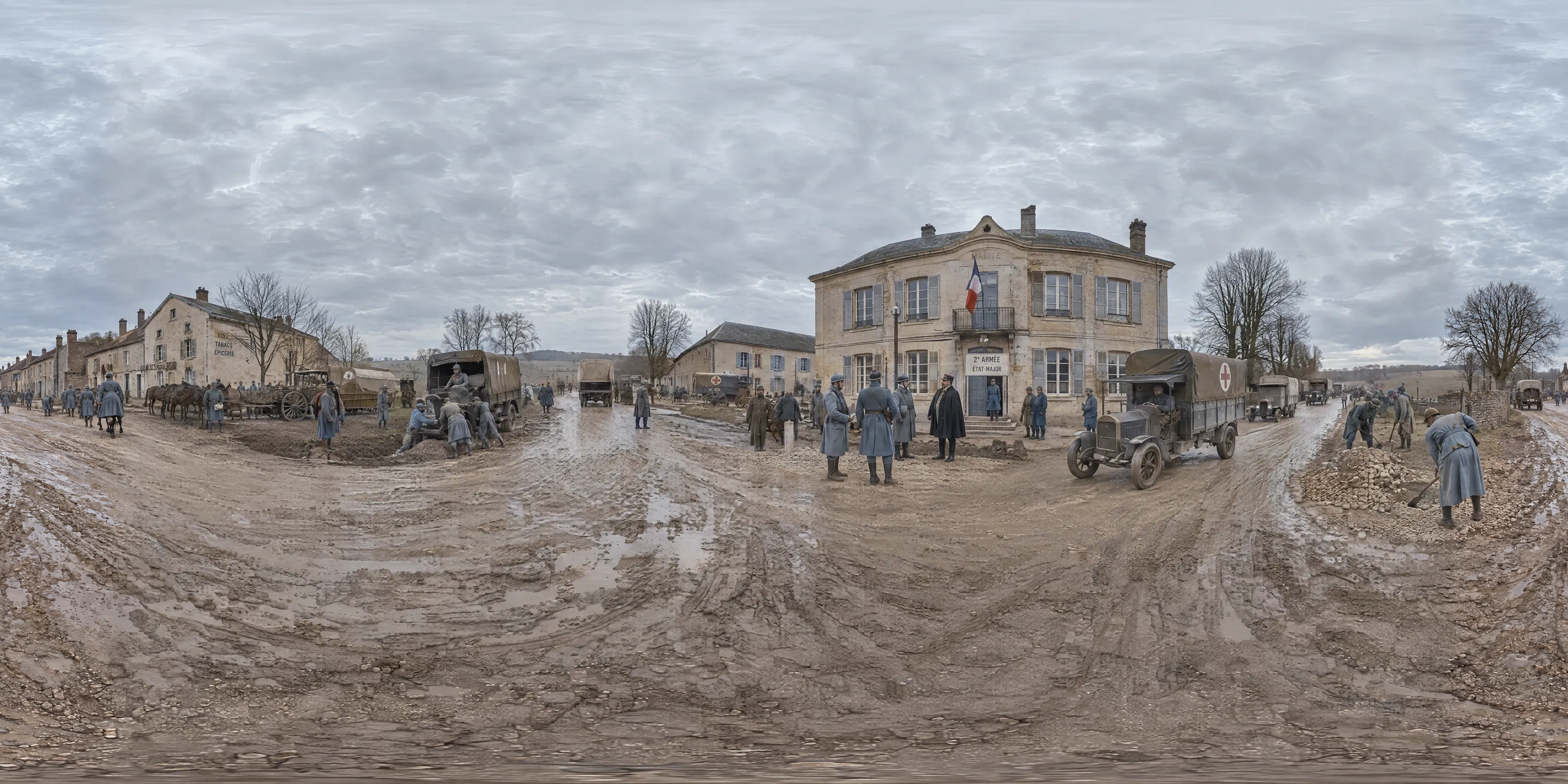 Panoramic scene depicting Voie Sacrée, Souilly (1916), The Bar-le-Duc to Verdun road in front of the town hall of Souilly, headquarters of the French Second Army, Meuse.