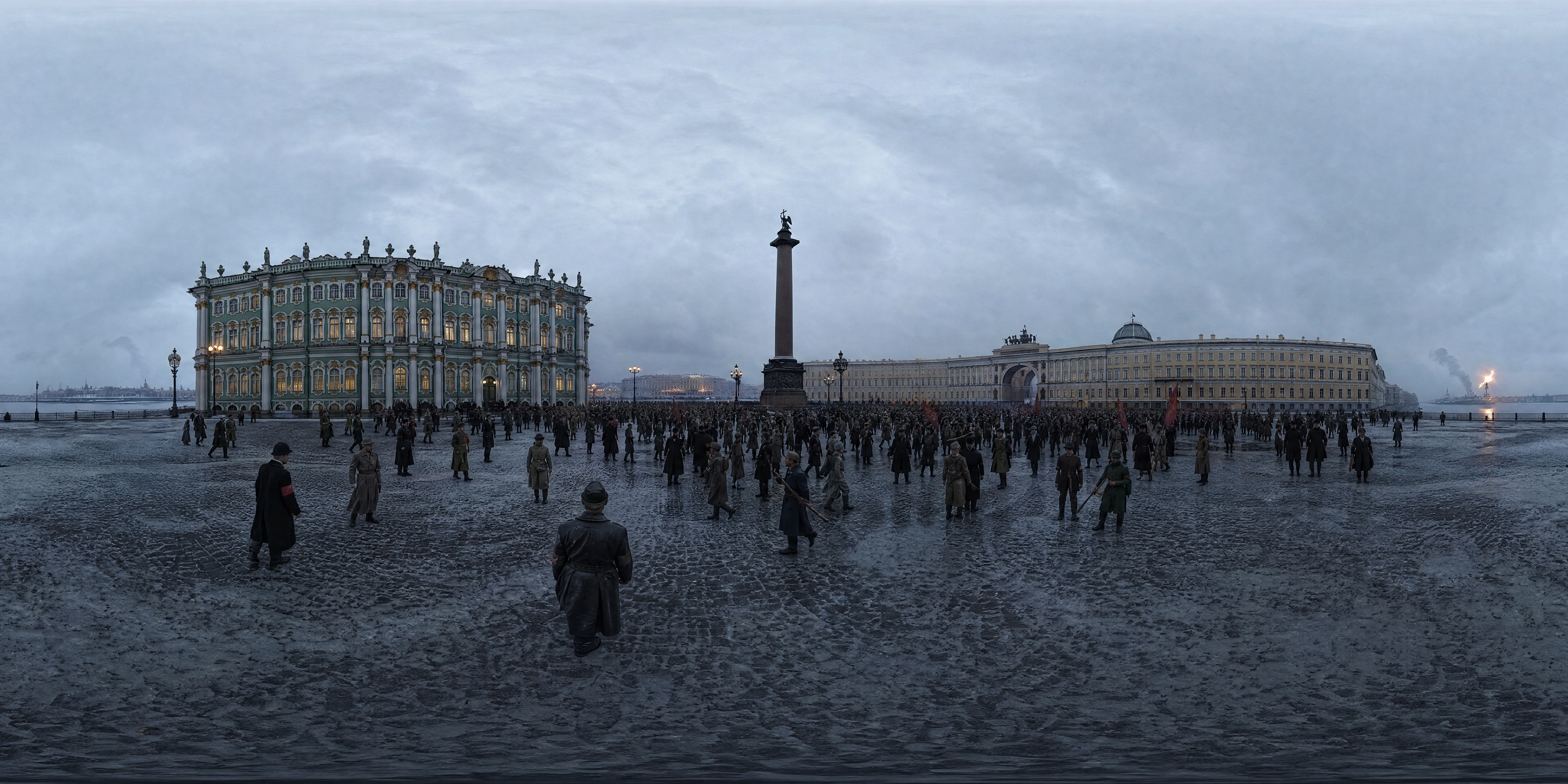Panoramic scene depicting Palace Square, Winter Palace (1917), Palace Square, Winter Palace.