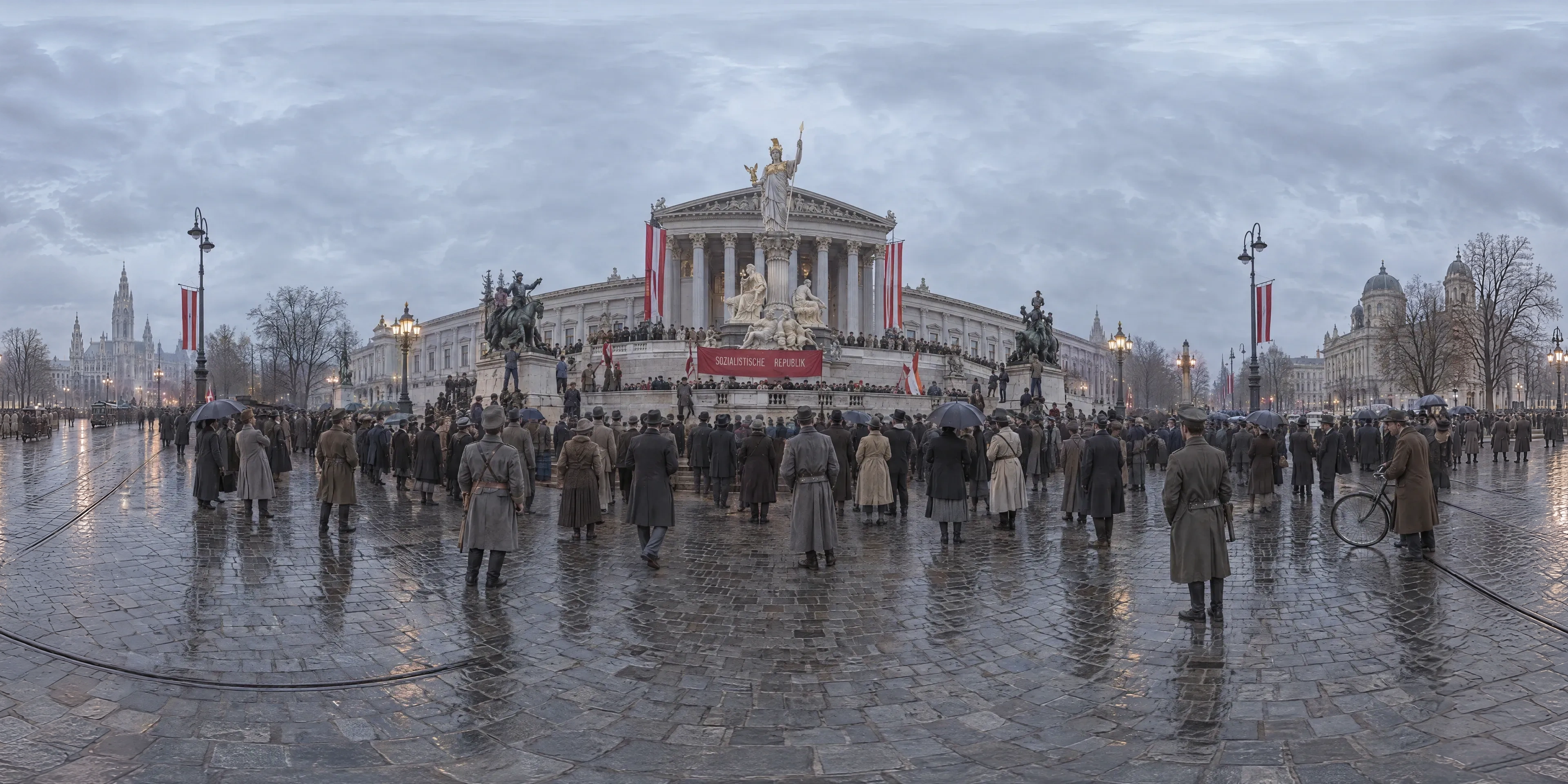 Panoramic scene depicting Parliament, Vienna (1918), Ringstraße before the ramp of the Parliament building, Vienna.