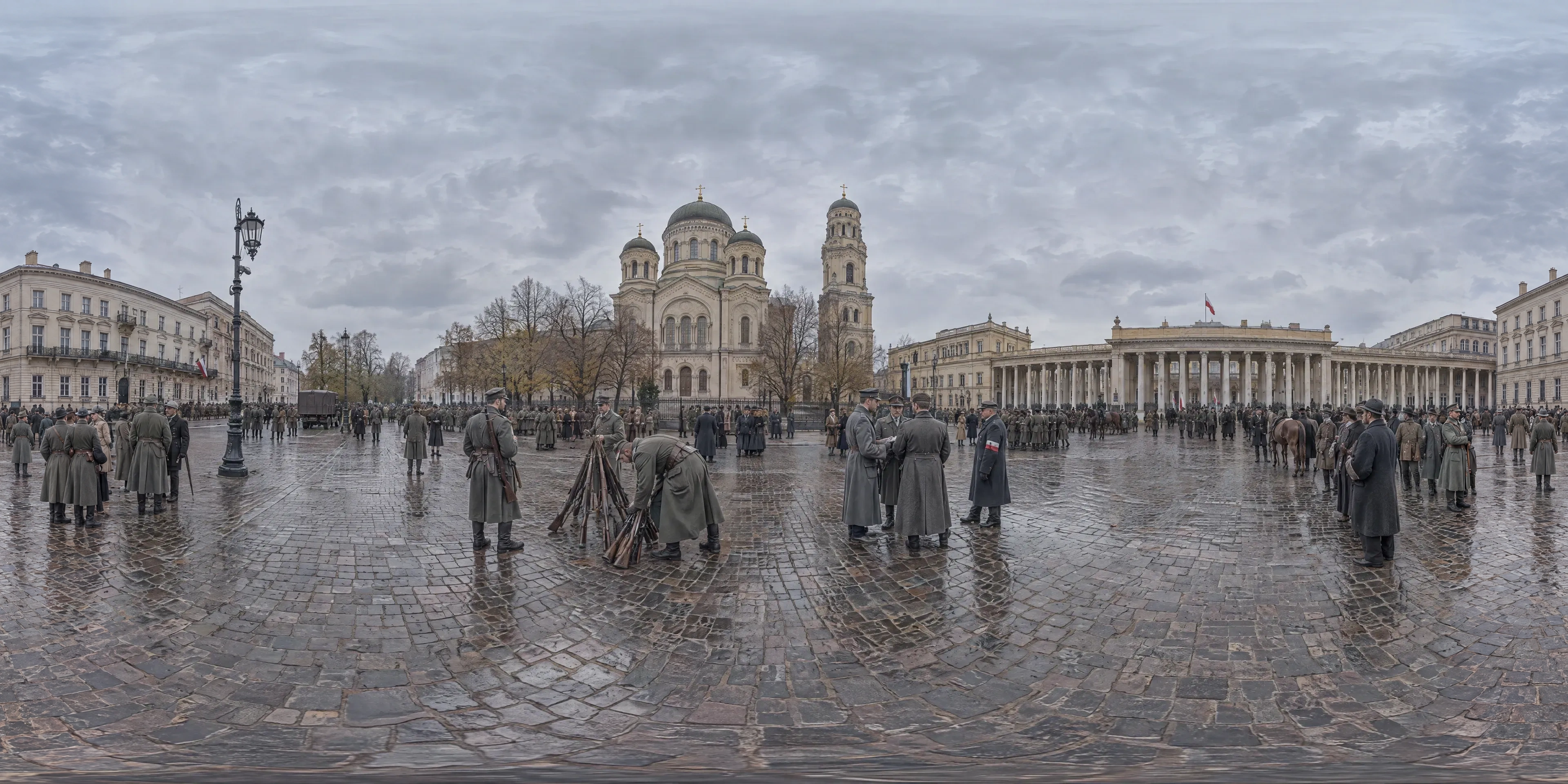 Panoramic scene depicting Saxon Square, Warsaw (1918), Saxon Square in front of the German garrison command, with the Orthodox cathedral and the Saxon Palace, Warsaw.