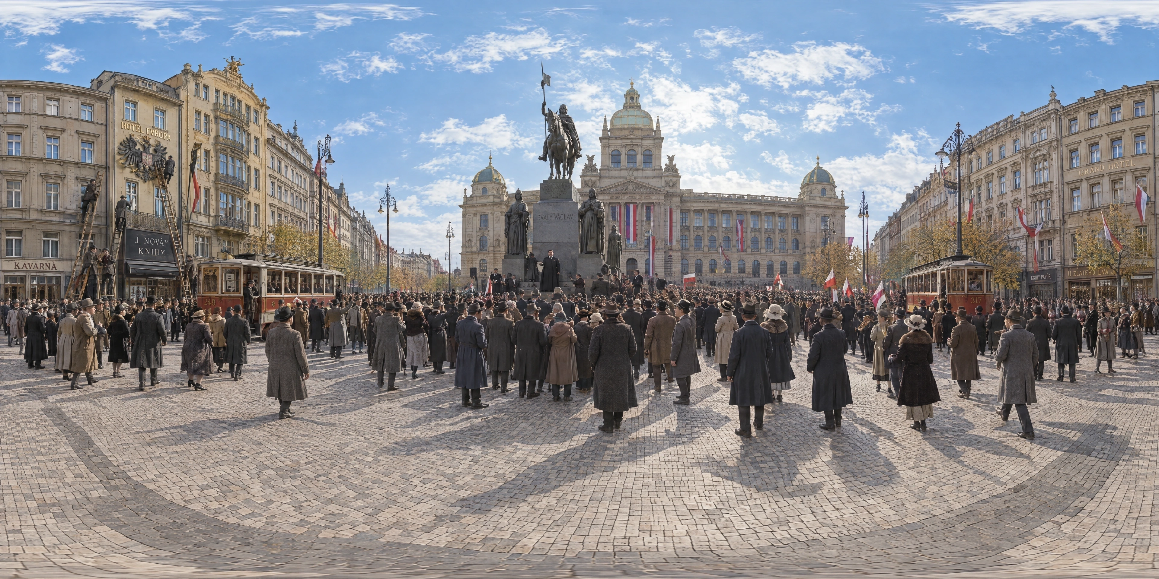Panoramic scene depicting Wenceslas Square, Prague (1918), Upper Wenceslas Square below the St Wenceslas monument, Prague.