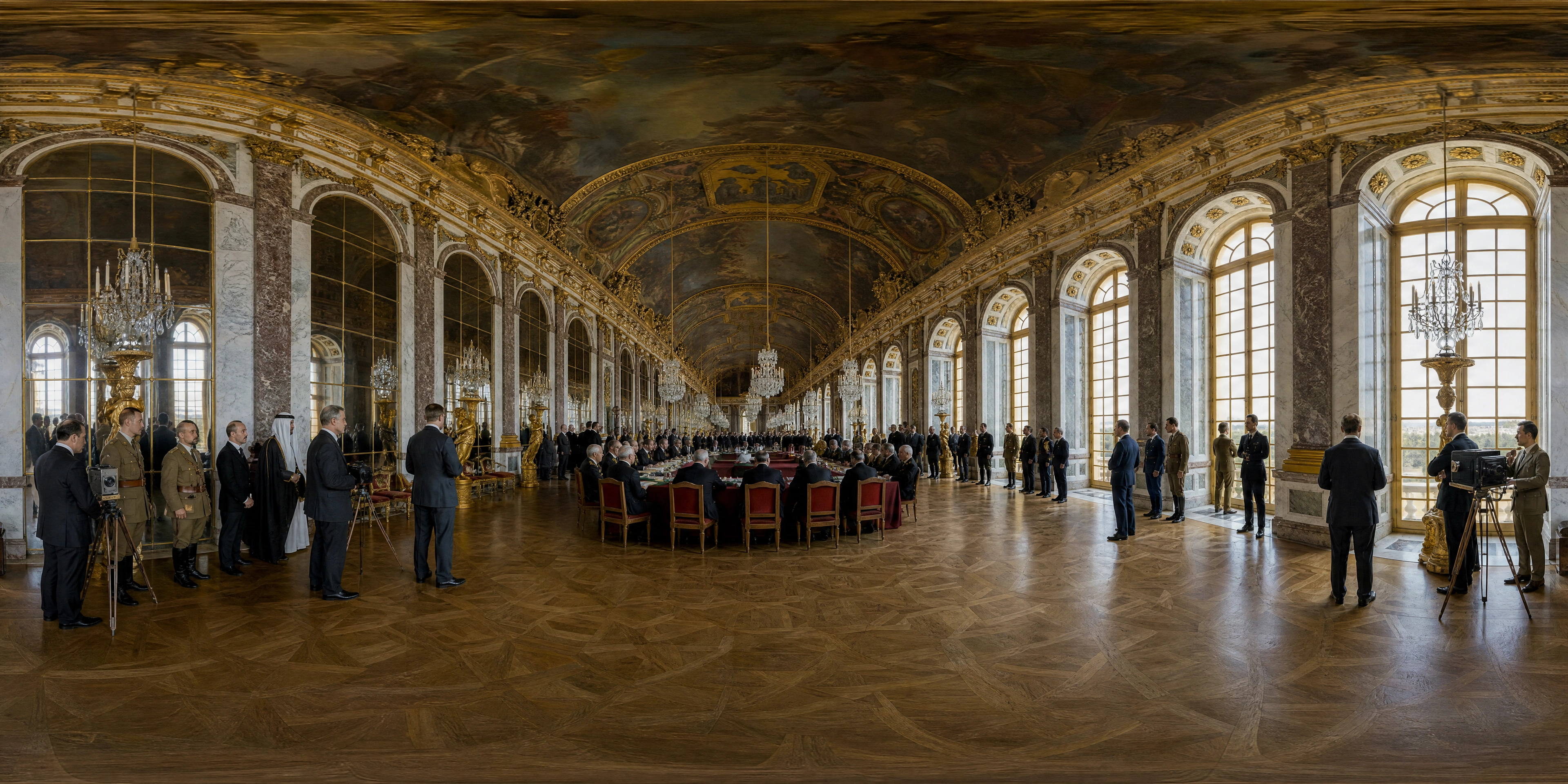 Panoramic scene depicting Hall of Mirrors, Palace of Versailles (1919), Hall of Mirrors, Palace of Versailles.