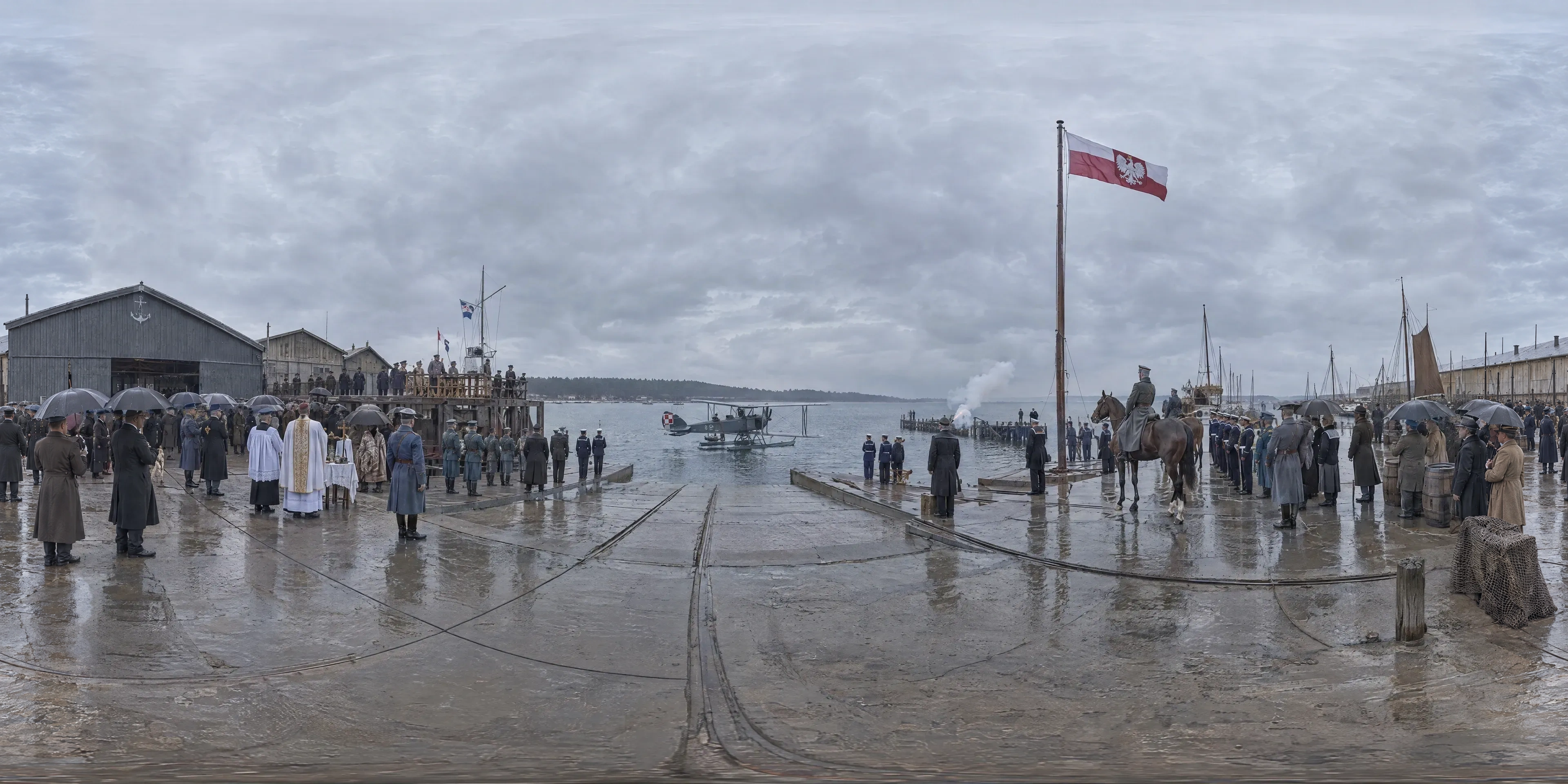 Panoramic scene depicting Shore of the Bay of Puck, Puck (1920), Quays by the seaplane slipway of the former German naval air station, Puck.