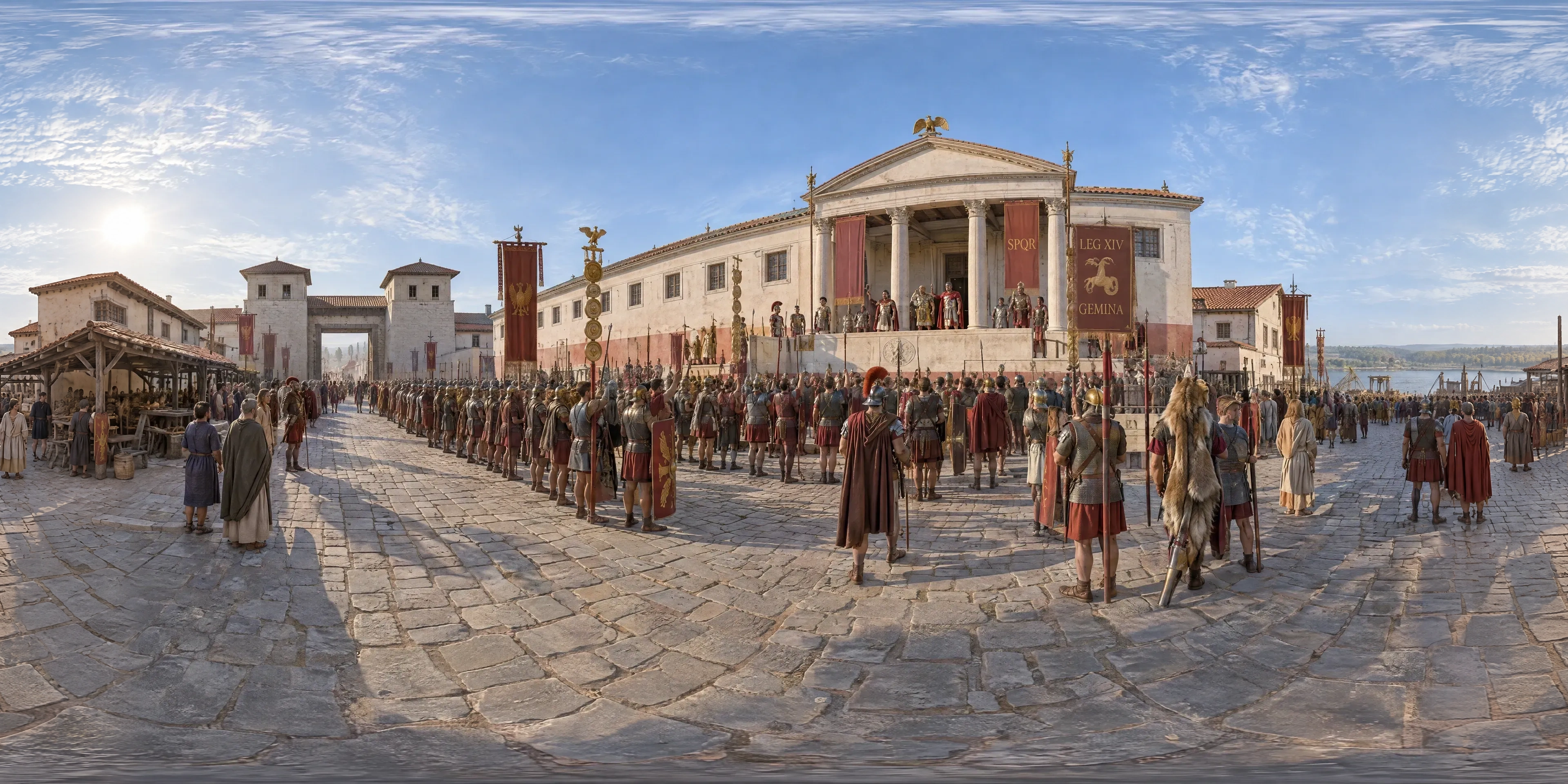 Panoramic scene depicting Legionary Fortress of Carnuntum (193), Main street before the headquarters of the legionary fortress, Carnuntum, on the Danube east of Vienna.