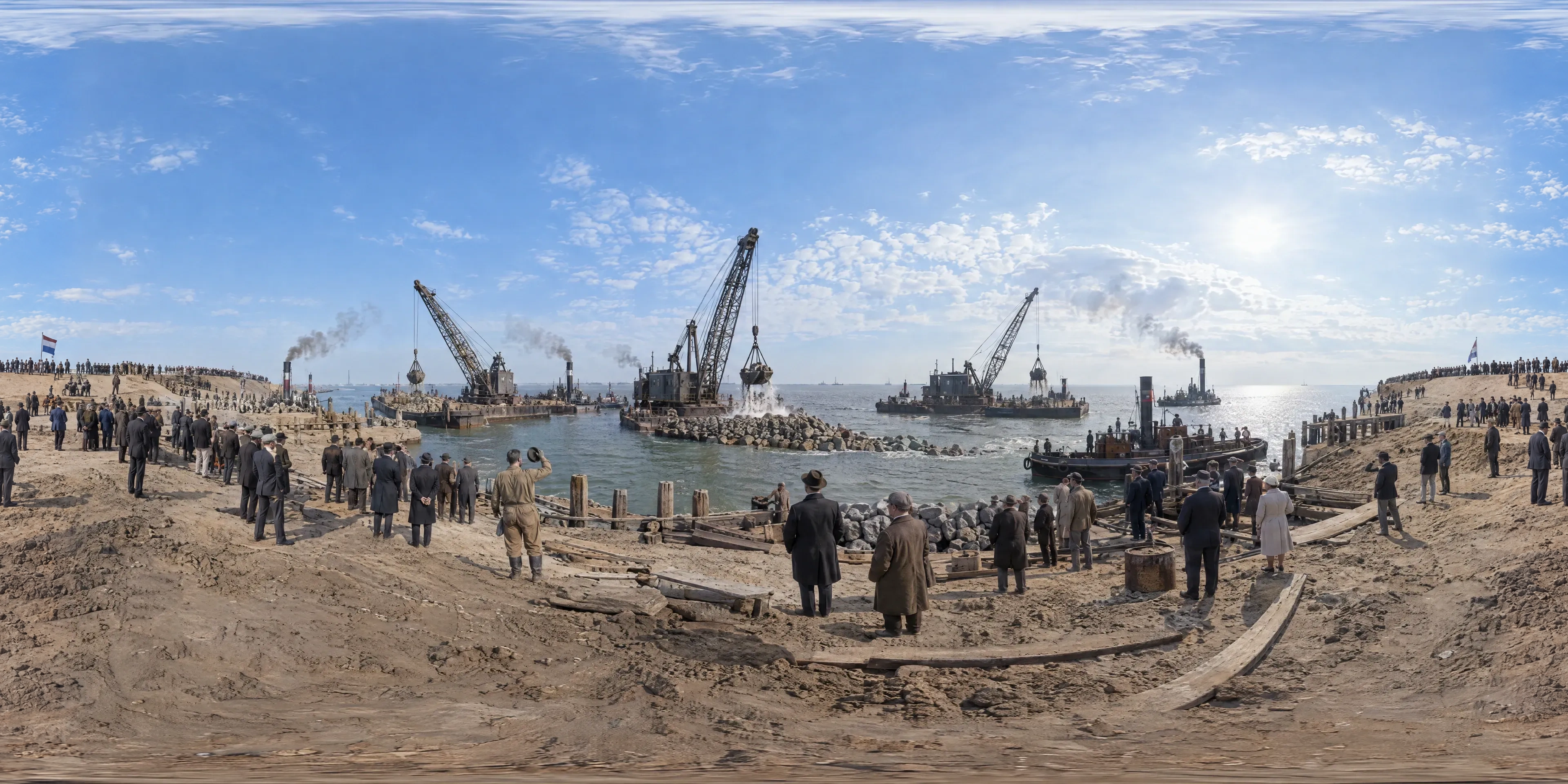 Panoramic scene depicting The Vlieter, Afsluitdijk (1932), Dike head beside the Vlieter, the last gap in the Afsluitdijk between North Holland and Friesland.