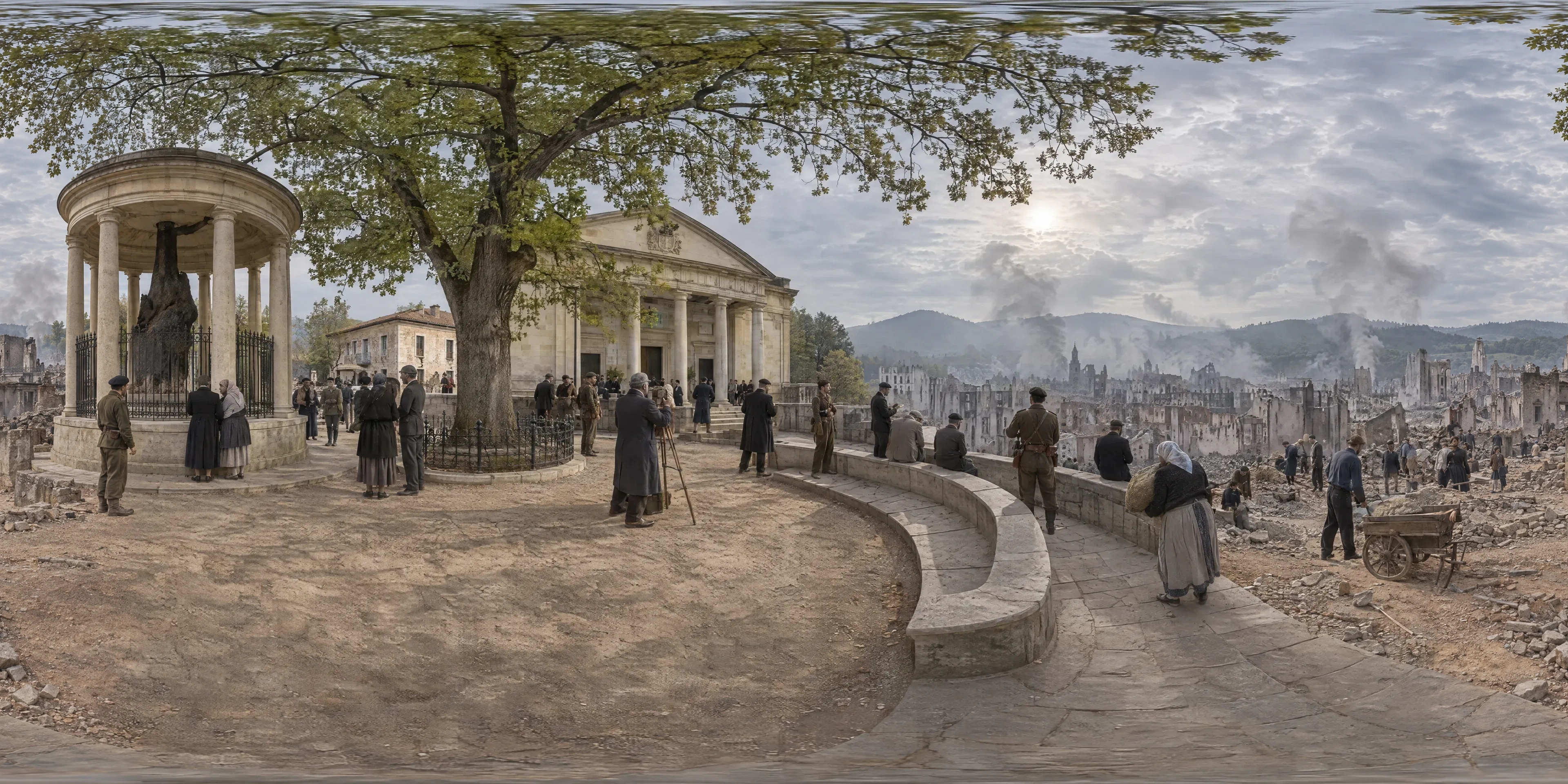 Panoramic scene depicting Tree of Gernika and the Assembly House (1937), Beside the Tree of Gernika in front of the Casa de Juntas, above the burnt town of Gernika, Biscay.