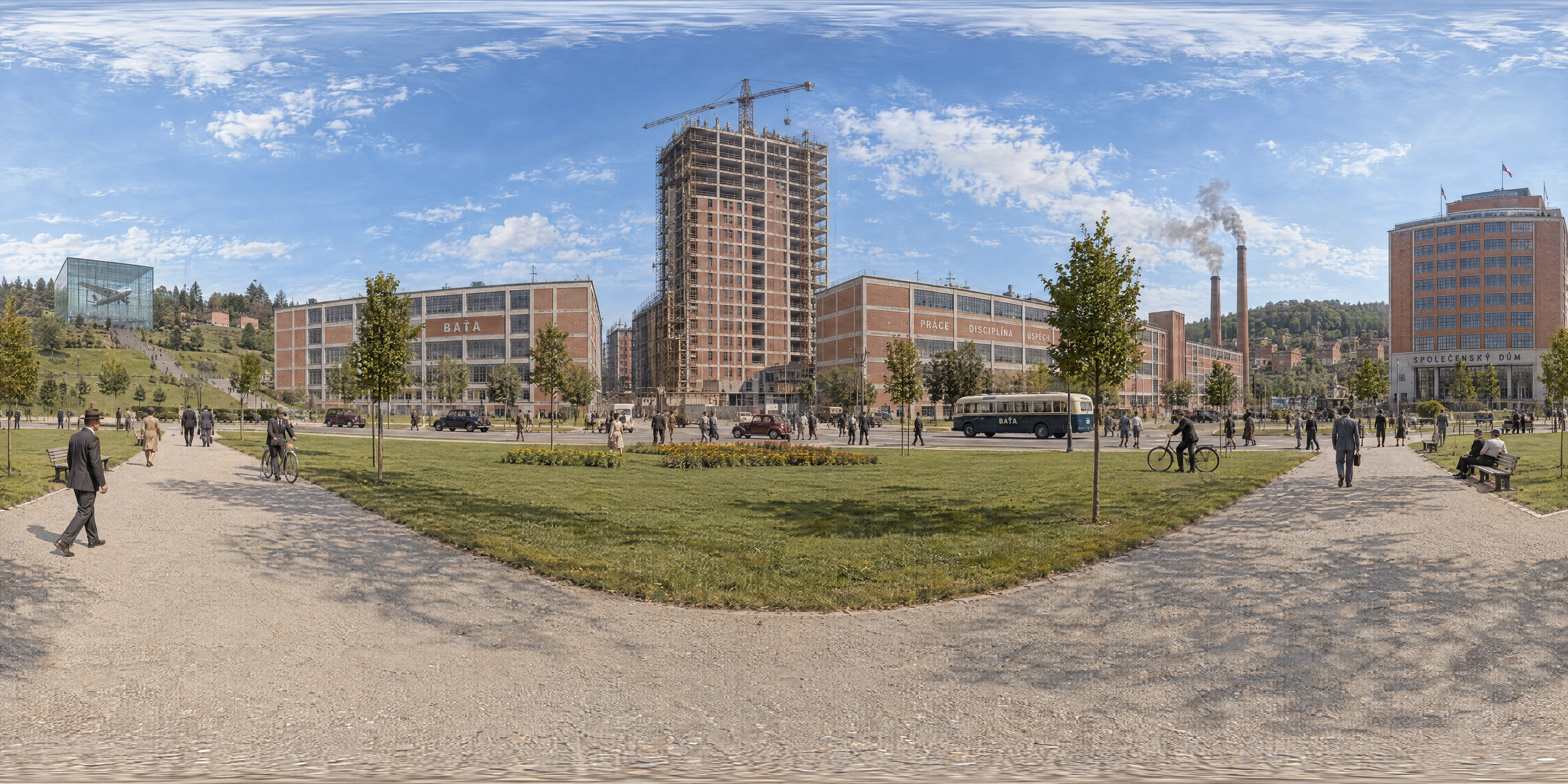 Panoramic scene depicting Square of Work, Zlín (1937), Square of Work (náměstí Práce) facing the Baťa factory and its new skyscraper, Zlín, Moravia.